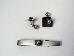 Signed three-Piece Rebajes Sterling Cufflink and Tie Bar Set