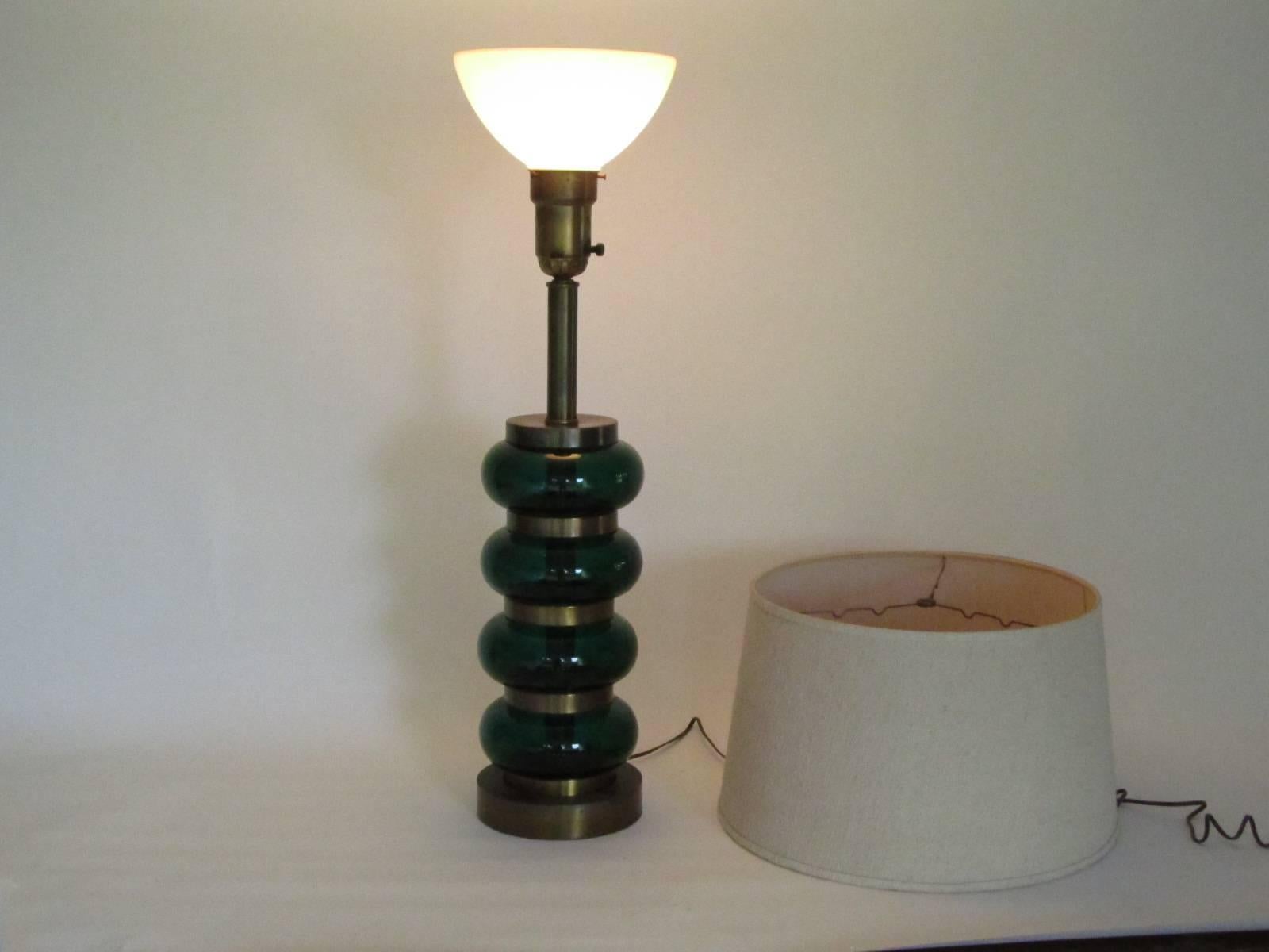 American Deep Emerald Green Glass and Brass Table Lamp