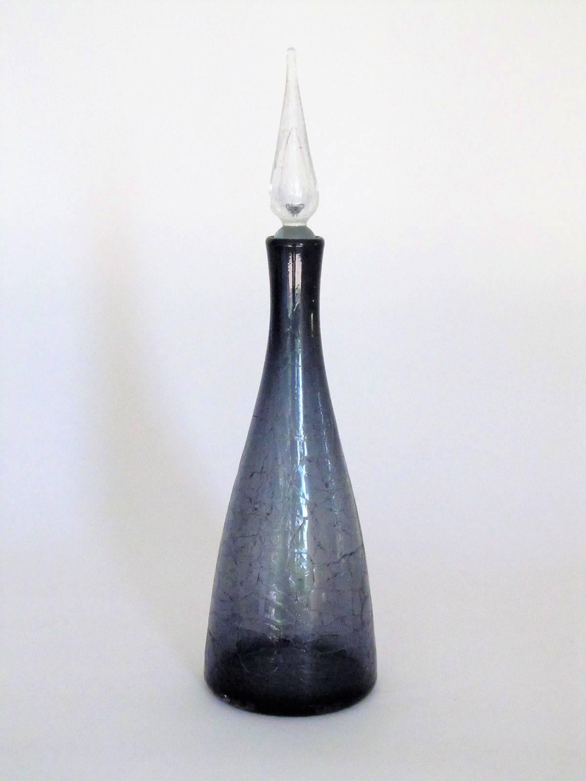 Mid-Century Modern Pair of Blenko Crackle Glass Genie Bottles by Winslow Anderson