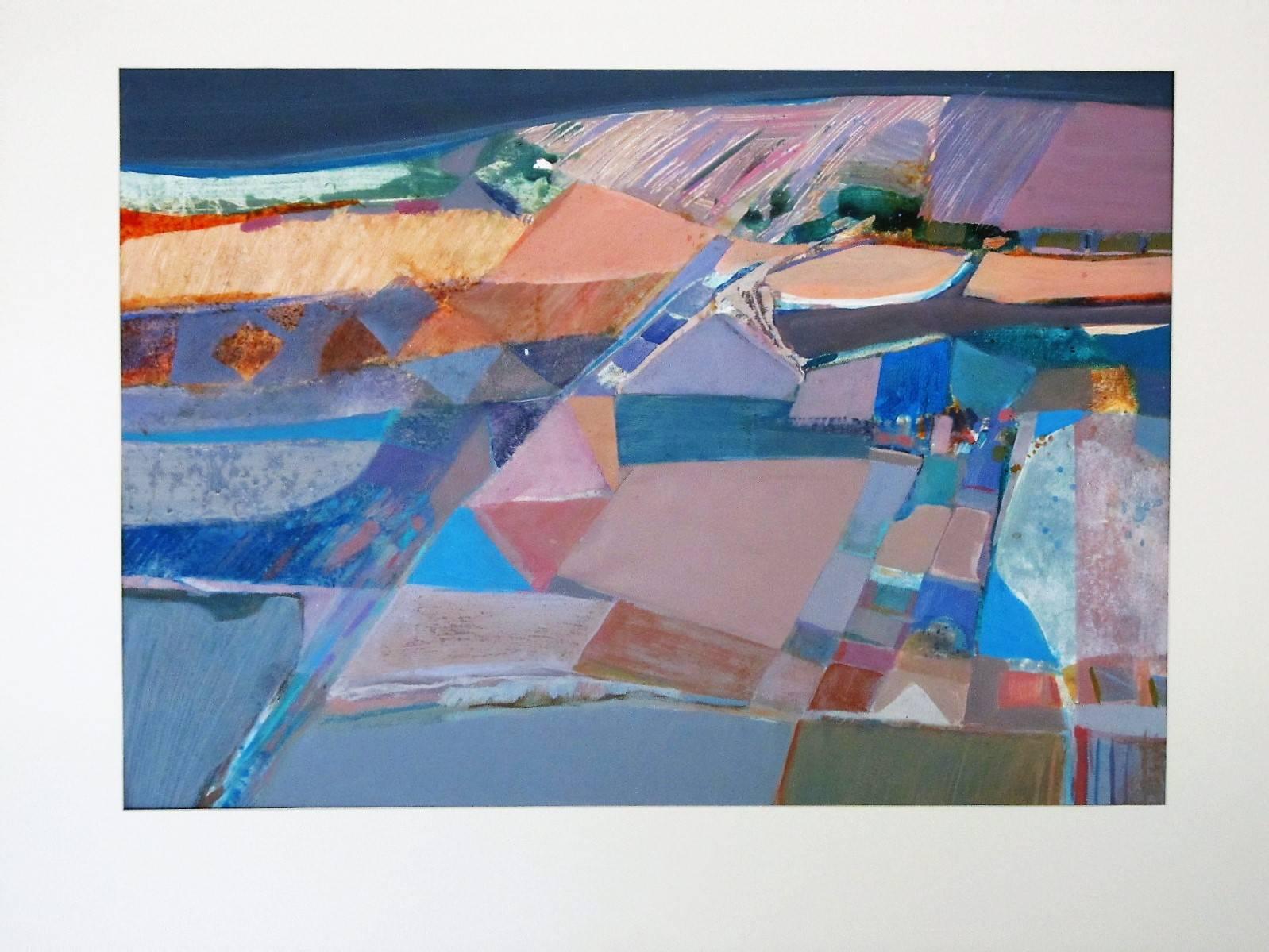 Margaret Smith was a Bay Area modernist painter whose works were frequently abstract interpretations of landscapes or seascapes. In this piece she has broken an aerial landscape into geometric shapes. 
