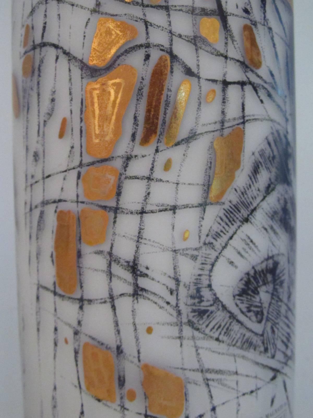 Enamel Carlo Malnati Italian Glass Vase with Abstract Graphic Design and Gold Overlay