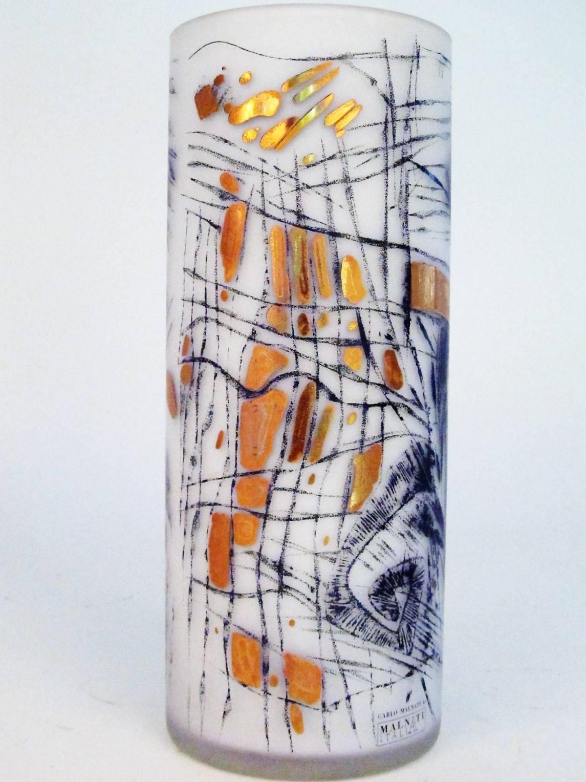 Late 20th Century Carlo Malnati Italian Glass Vase with Abstract Graphic Design and Gold Overlay