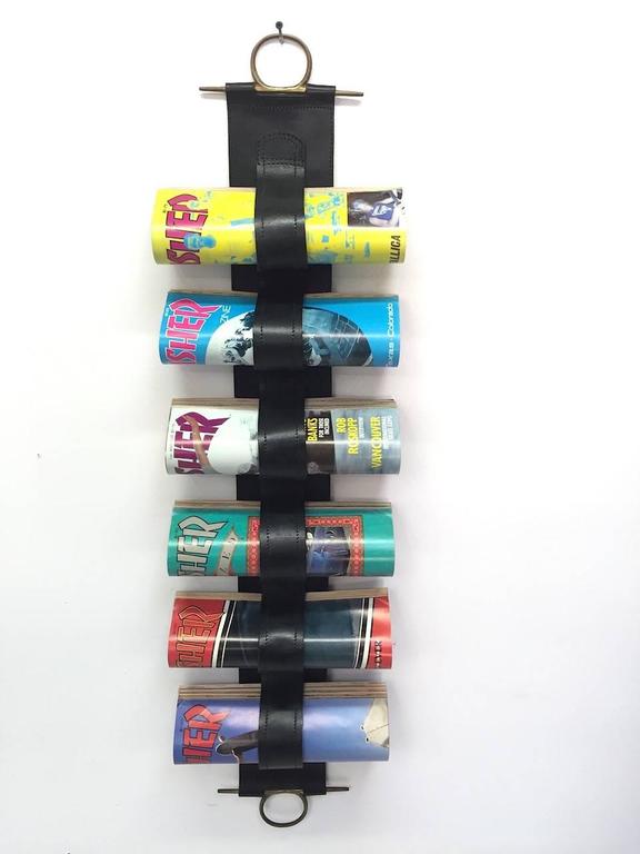 Vintage Leather and Brass Wall Mount Hanging Magazine Rack For Sale at