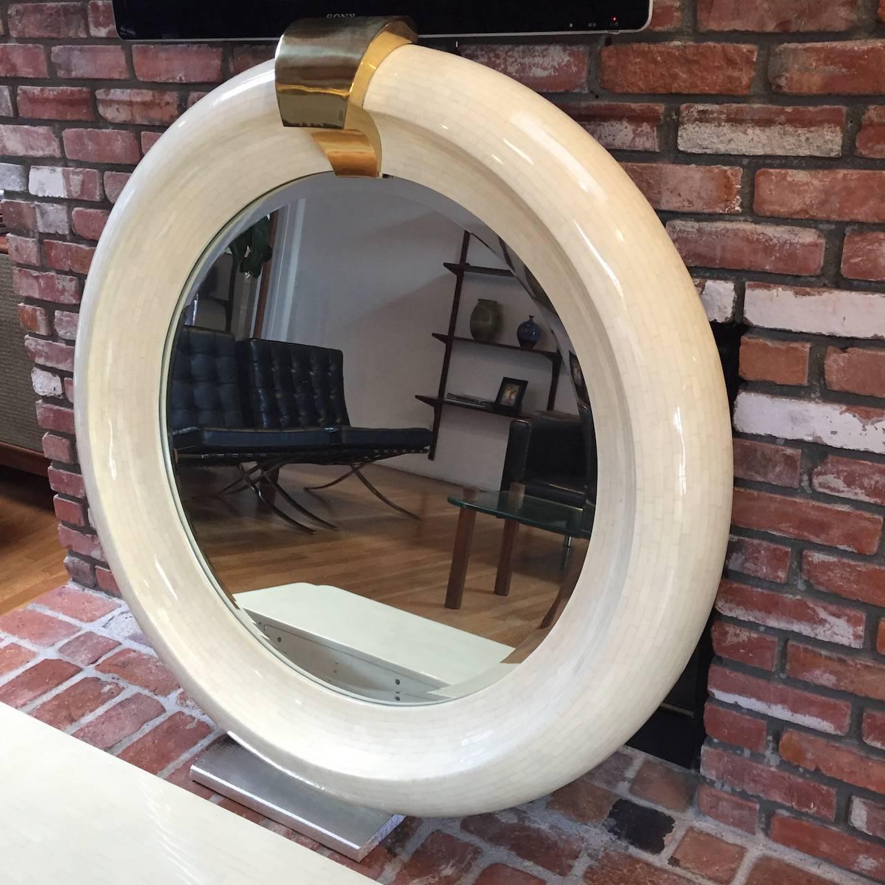 Exceptional Tessellated Bone Mirror with Matching Floating Console In Excellent Condition In Long Beach, CA