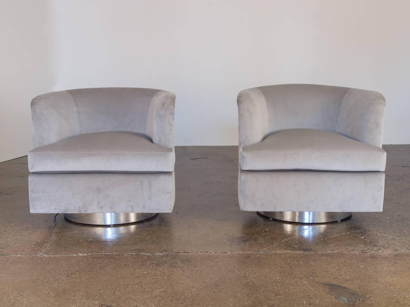 Milo Baughman Velvet Swivel Chairs 1