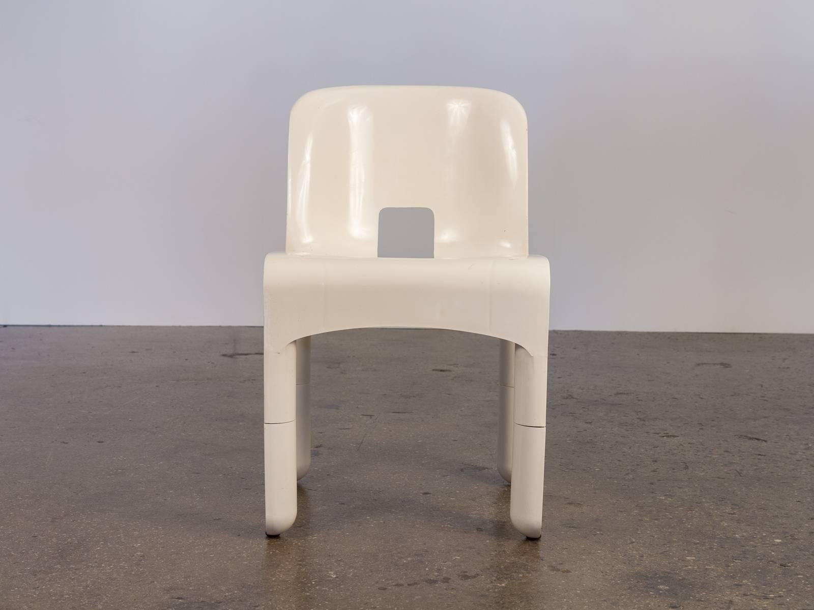 Pre-production model of Joe Colombo's iconic 1967 Sedia Universale in white injection-molded ABS plastic. Intended to serve many purposes, the chair's legs are removable and can be swapped for different heights.

This is a test series model that