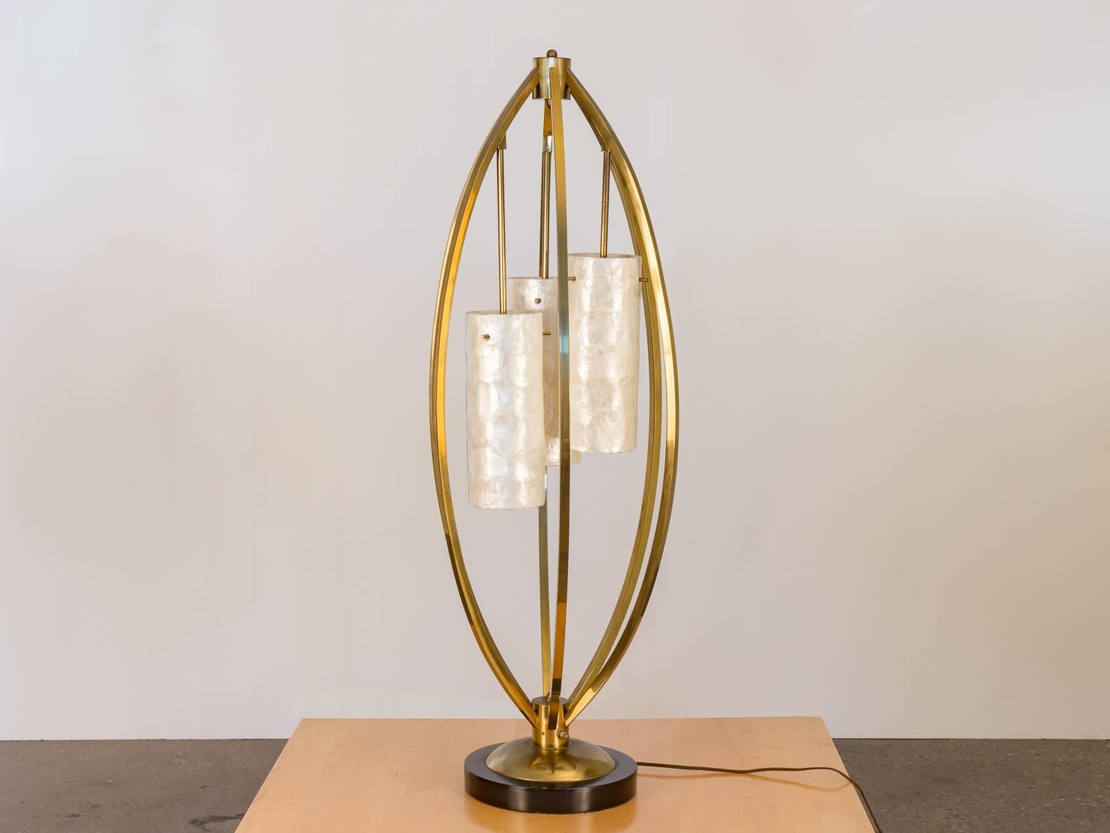 Great-looking brass and capiz shell three-shade lamp. Impressive form and construction make this a perfect accent piece for any interior.

