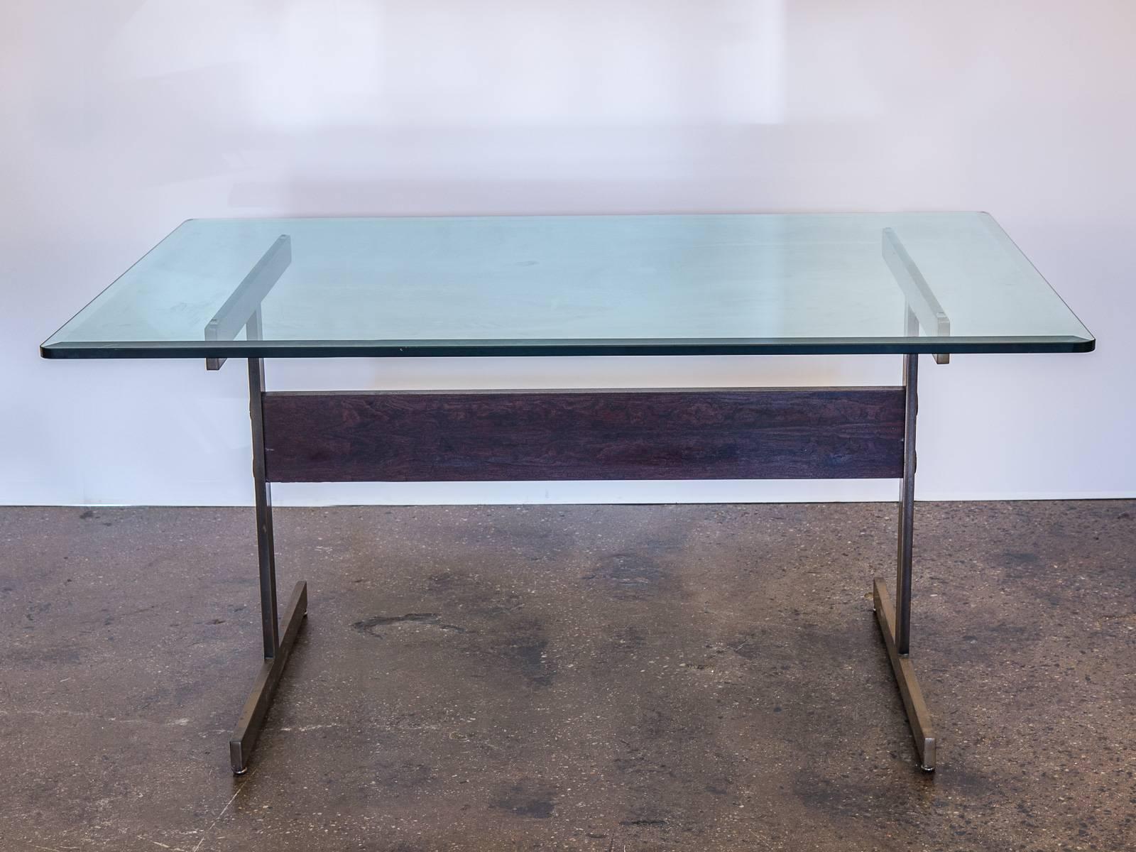 Mid-Century Modern Milo Baughman Glass Table on Brass Pedestal Base