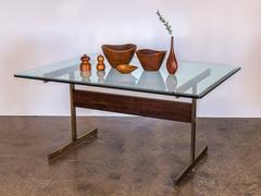 Milo Baughman Glass Table on Brass Pedestal Base