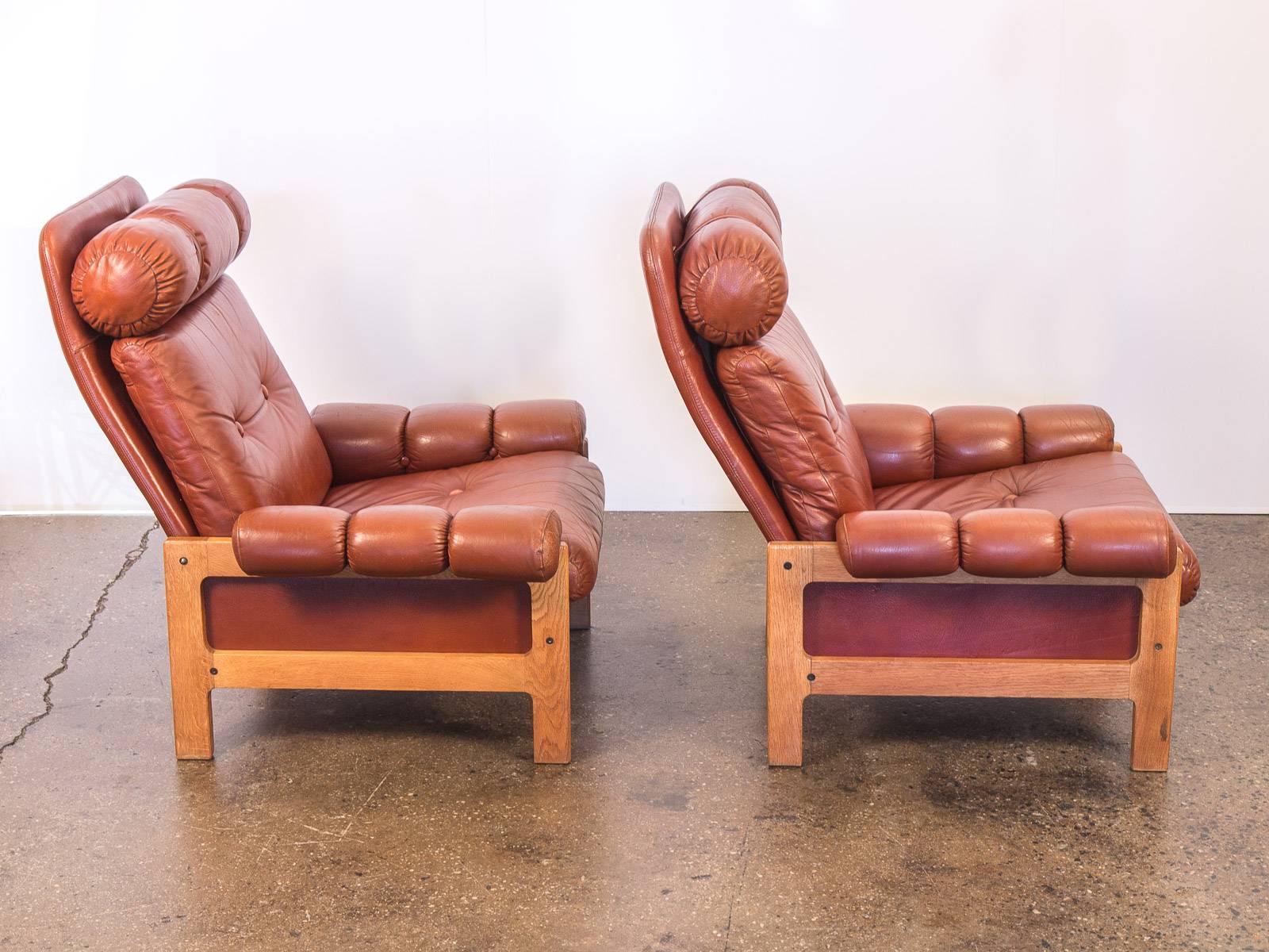 Danish Pair of Tufted Chestnut Lounge Chairs