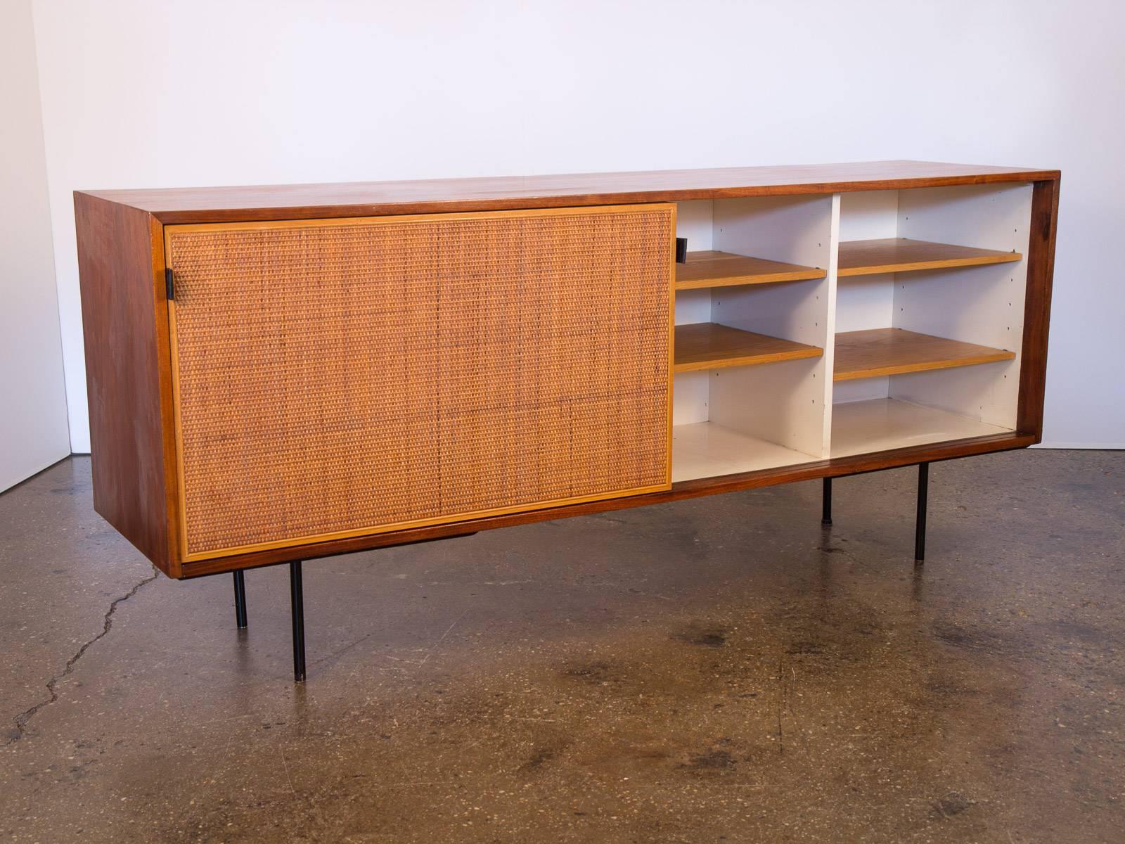 American Florence Knoll Walnut and Woven Cane Credenza
