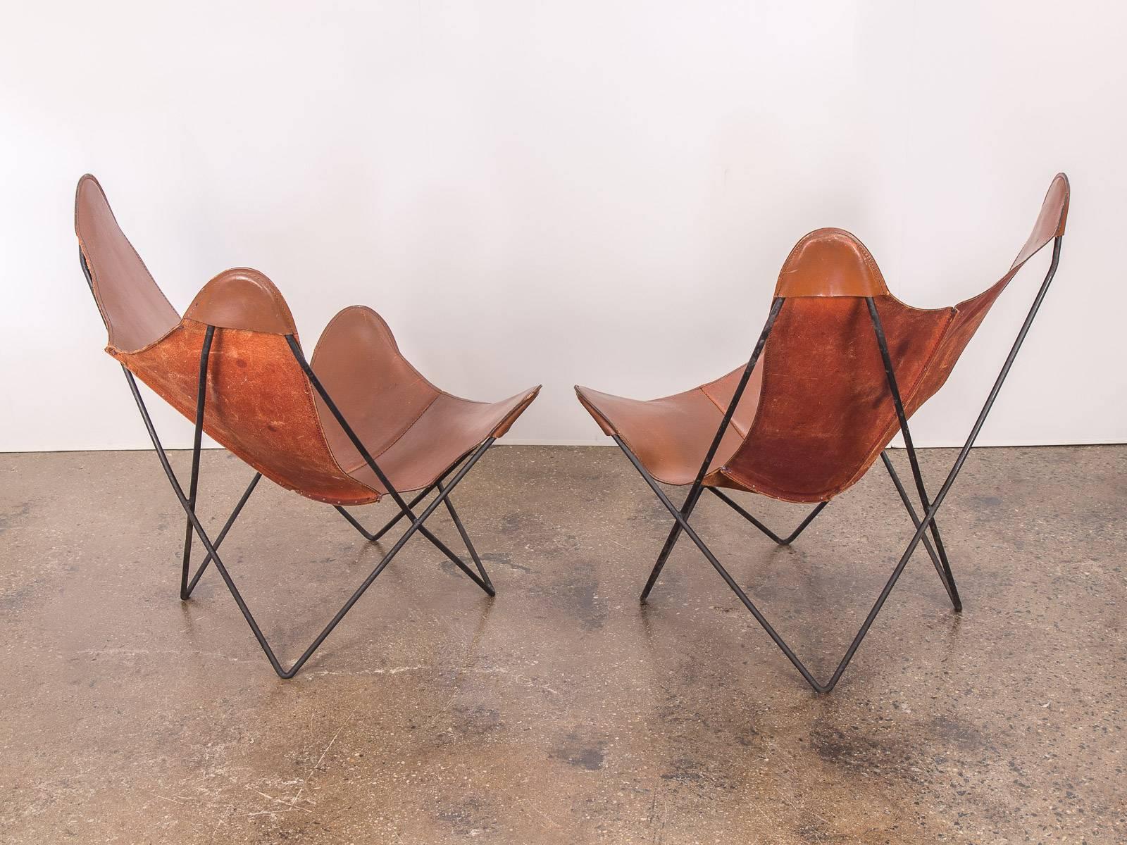 Mid-Century Modern Pair of Tabacco Brown Hardoy Butterfly BKF Chairs for Knoll