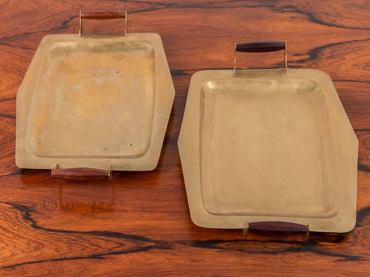 Mid-Century Modern Pair of Mid-Century Brass Trays with Rosewood Handles