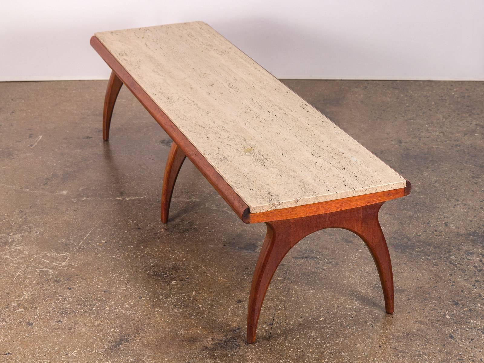 American Mid-Century Modern Travertine Bench with Curved Spider Legs