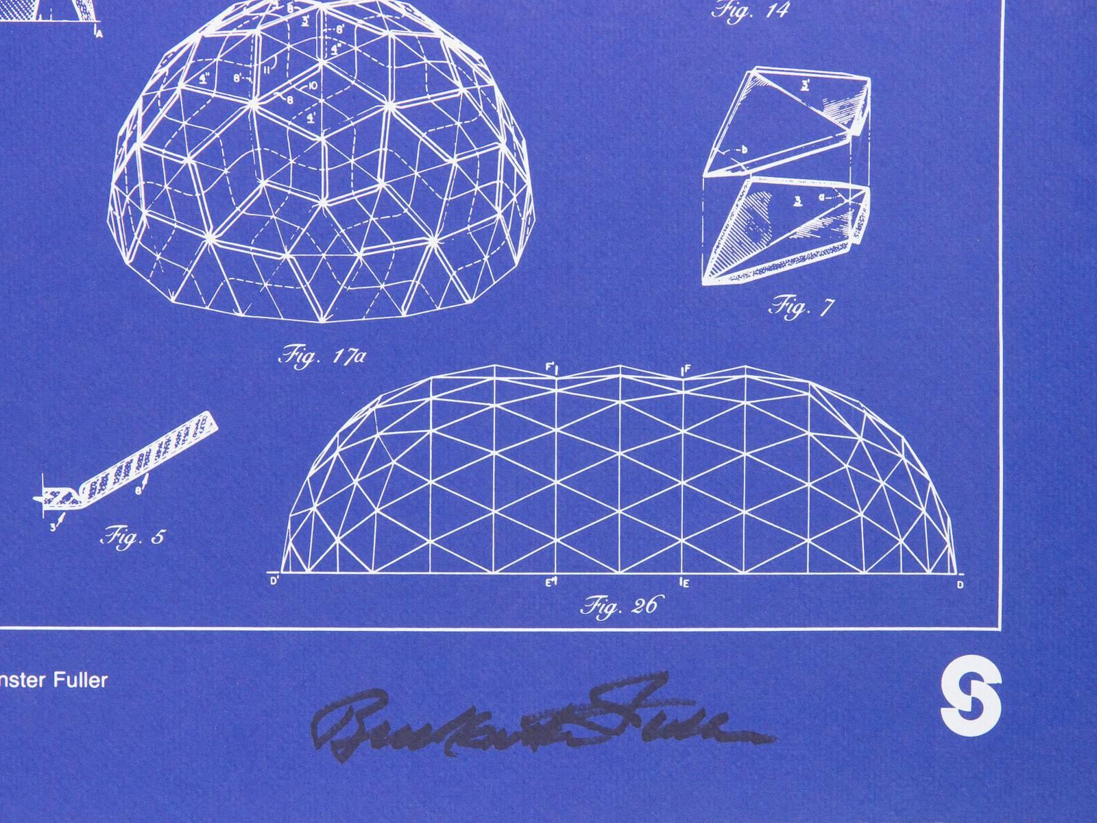 Schematic of Buckminster Fuller's Laminar Geodesic Dome (1960), signed by Fuller, for the Carl Solway Gallery in 1981. Rich blue hue creates a blueprint effect. Poster will ship in a gallery frame.

22