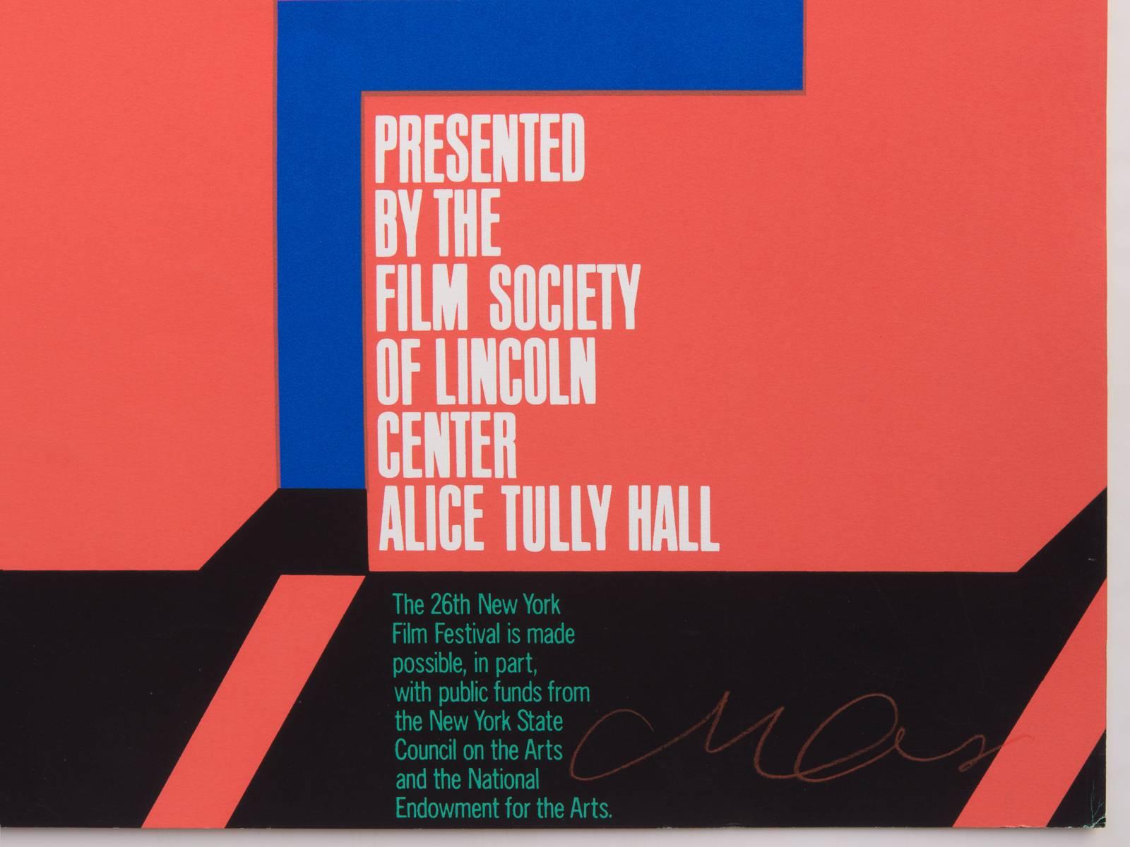 Ein wunderschönes Plakat von Milton Glaser für das 26. NY Film Festival:: 23. September bis 9. Oktober 1988. Signiert von Glaser in der unteren rechten Ecke. Die Farben sind lebhaft. Poster hat ein bisschen Randabnutzung wie gezeigt. Das Poster wird