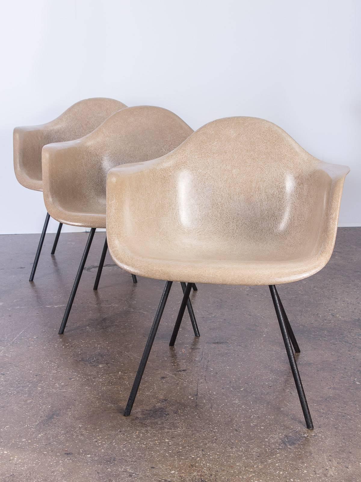Price is for one individual chair, there are two available. Second Generation Eames Armshell Chair in a warm greige on early black steel X-base. These thicker, 1950s molded fiberglass arm shells have the original finish. Incredibly distinct thread,