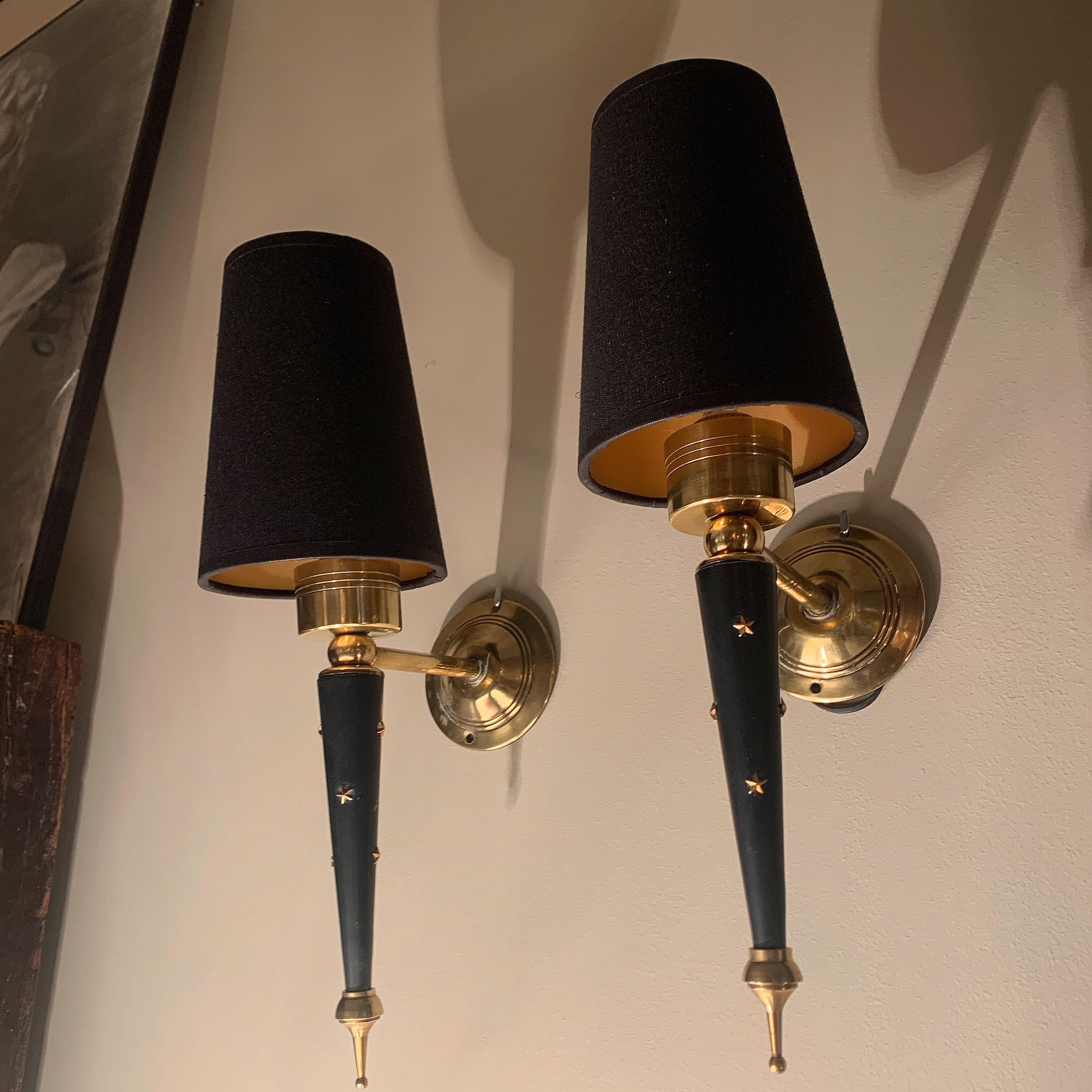 Pair of Midcentury French Lacquered Metal and Brass Wall Sconces, 1950 11