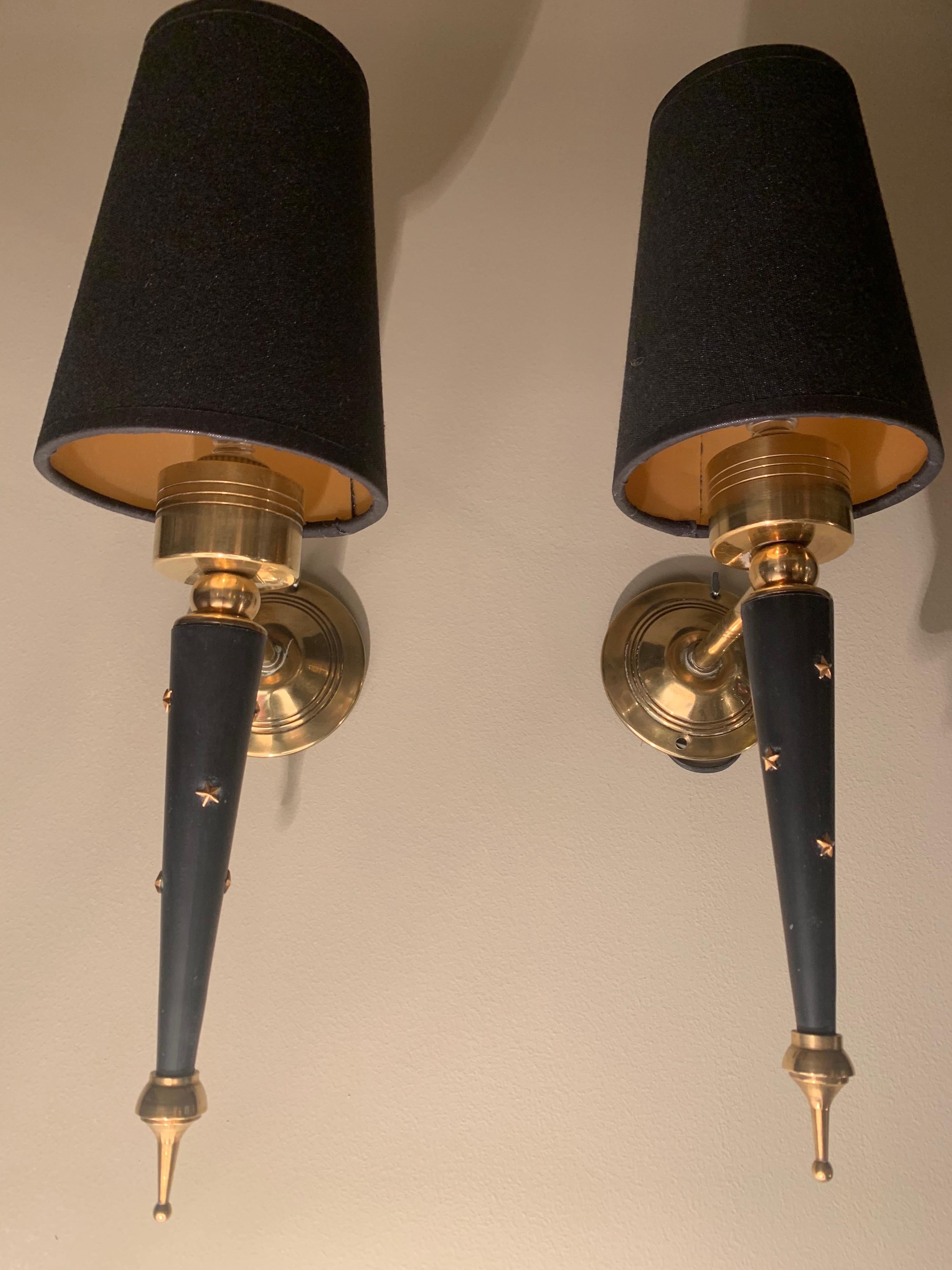 Pair of Midcentury French Lacquered Metal and Brass Wall Sconces, 1950 12