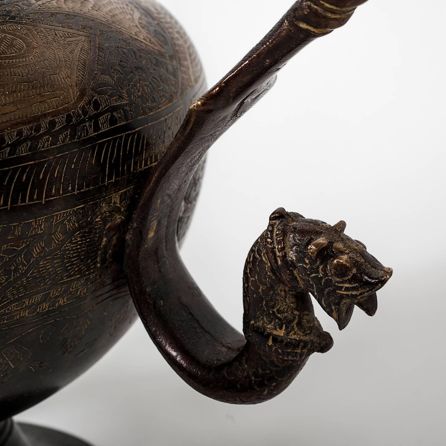 Antique bronze vase with animal, vegetal and alphabetic decoration 