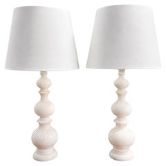 Mid Century Modern Pair of Italian Turned Alabaster Table Lamps Circa 1960