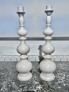 Mid Century Modern Pair of Italian Turned Alabaster Table Lamps Circa 1960