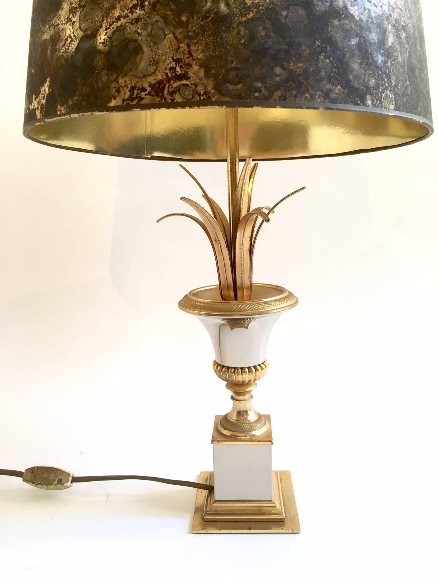Maison Charles bronze trophy lamp with wheat details and acorn finial, original shade.