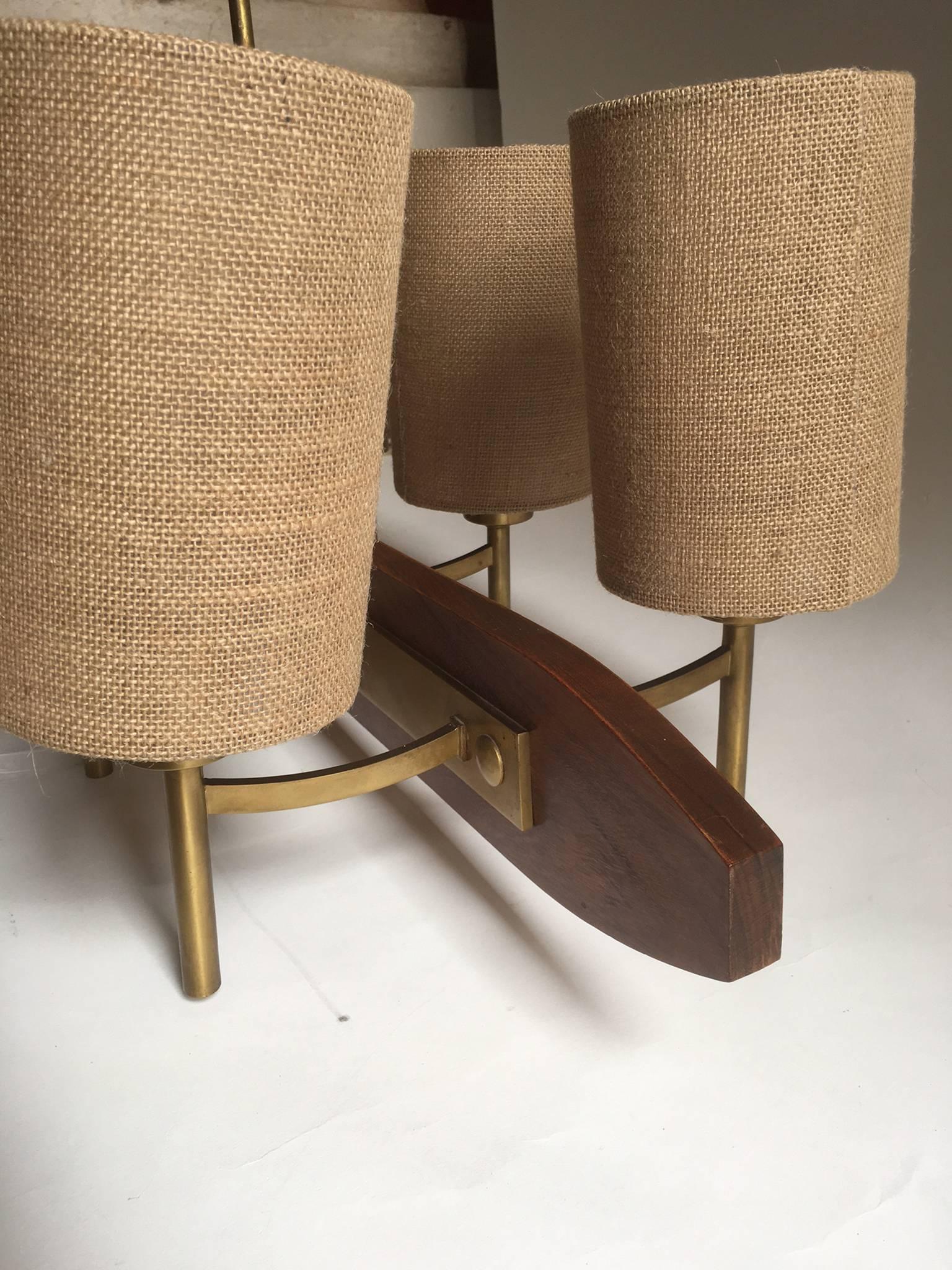 Mid-Century Modern 1960 French Wood and Brass Six-Light Chandelier For Sale