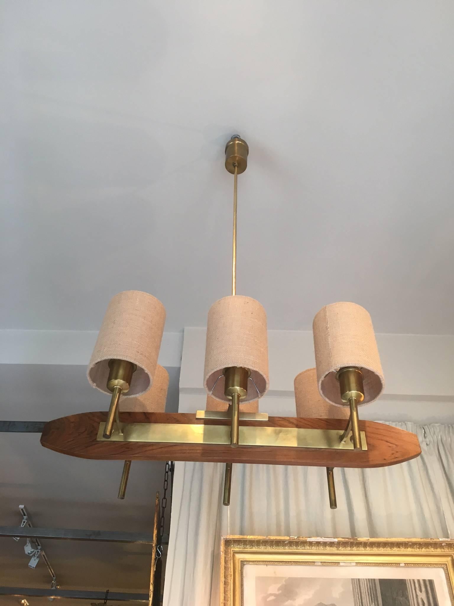 1960 French Wood and Brass Six-Light Chandelier For Sale 1