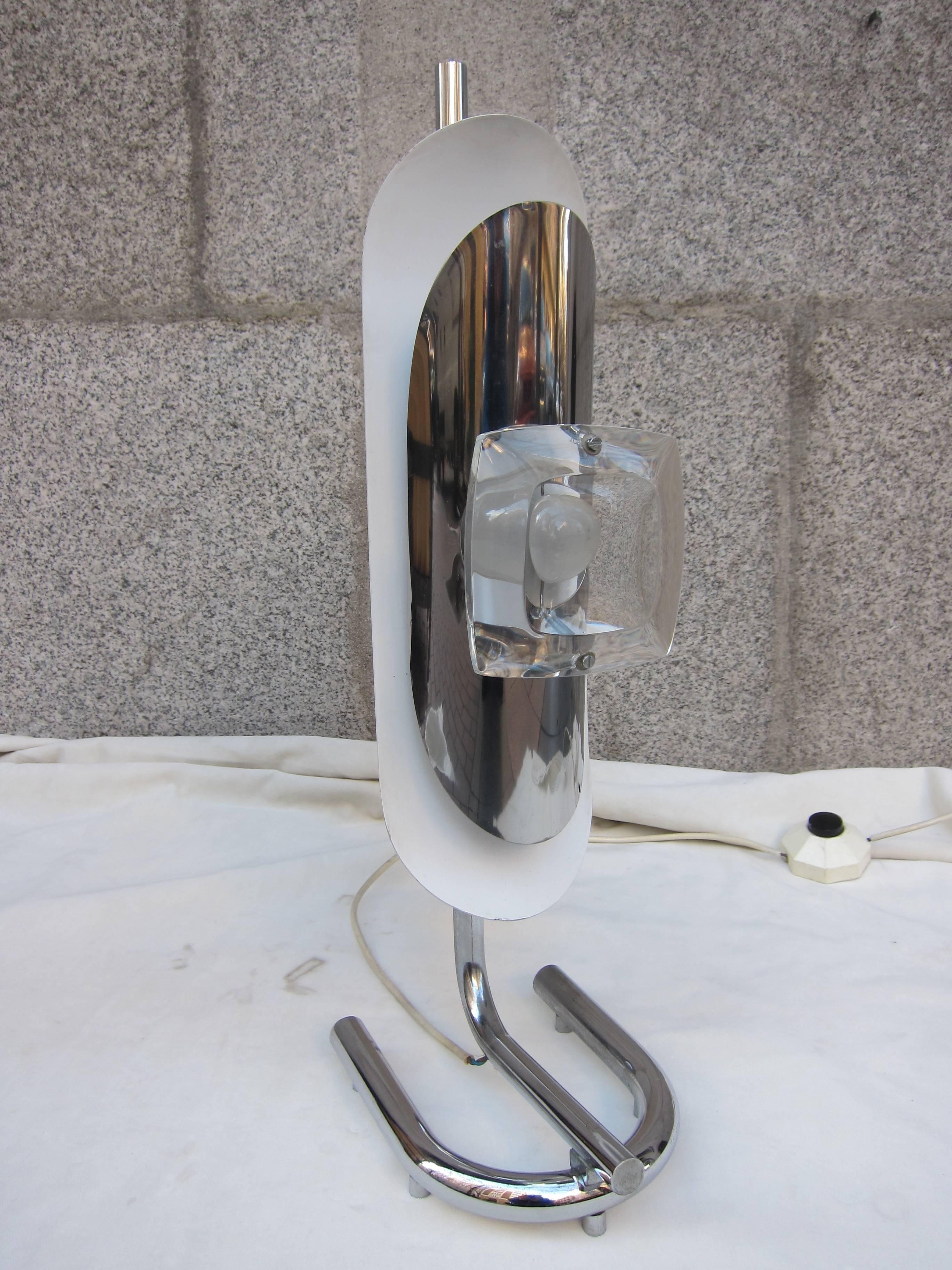 Pair of Chromed Steel with Lens Table Lamps in the Style of Max Ingrand For Sale 3