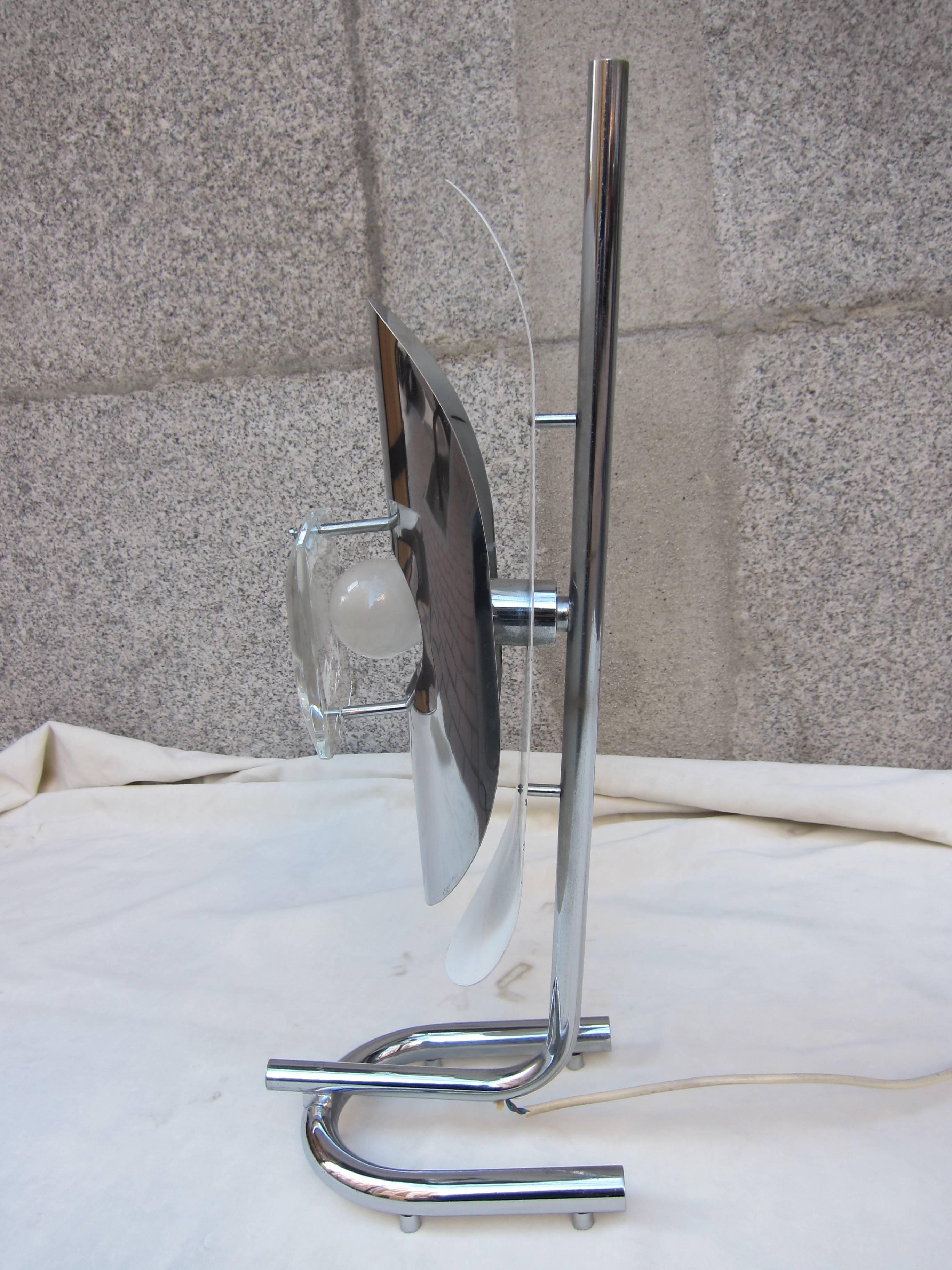 Pair of Chromed Steel with Lens Table Lamps in the Style of Max Ingrand For Sale 1