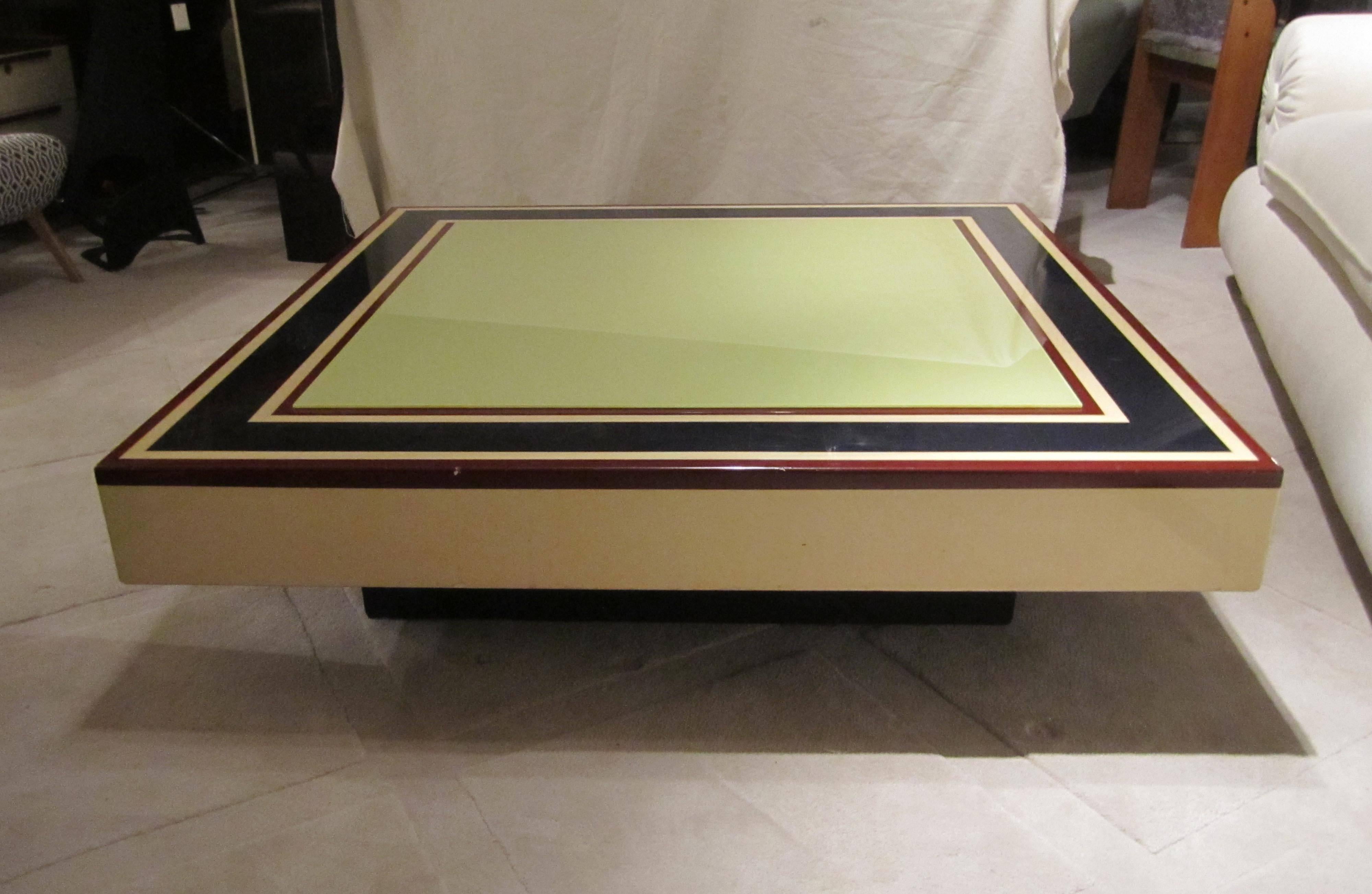 Mid-20th Century Willy Rizzo for Sabot, Ivory, Blue and Red Lacquer Coffee Table, Italy, 1960 For Sale
