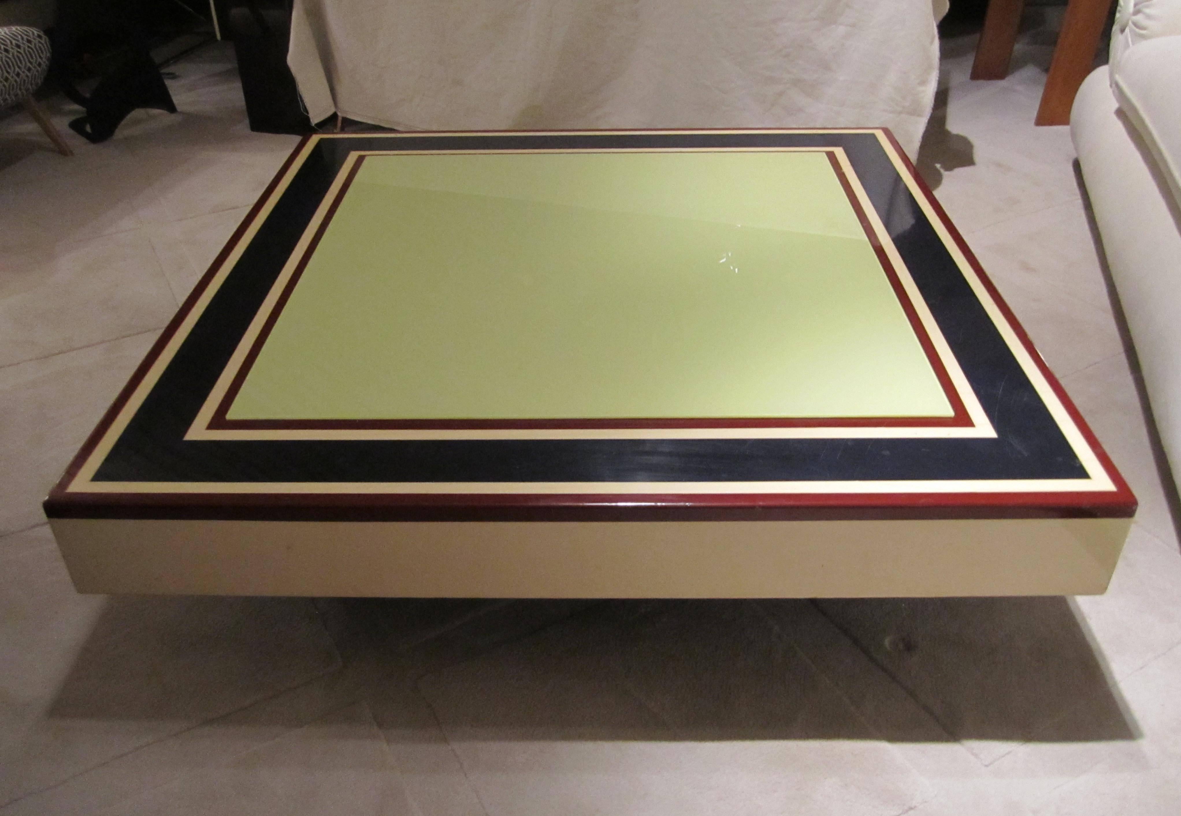 Willy Rizzo for Sabot, Ivory, Blue and Red Lacquer Coffee Table, Italy, 1960 For Sale 4