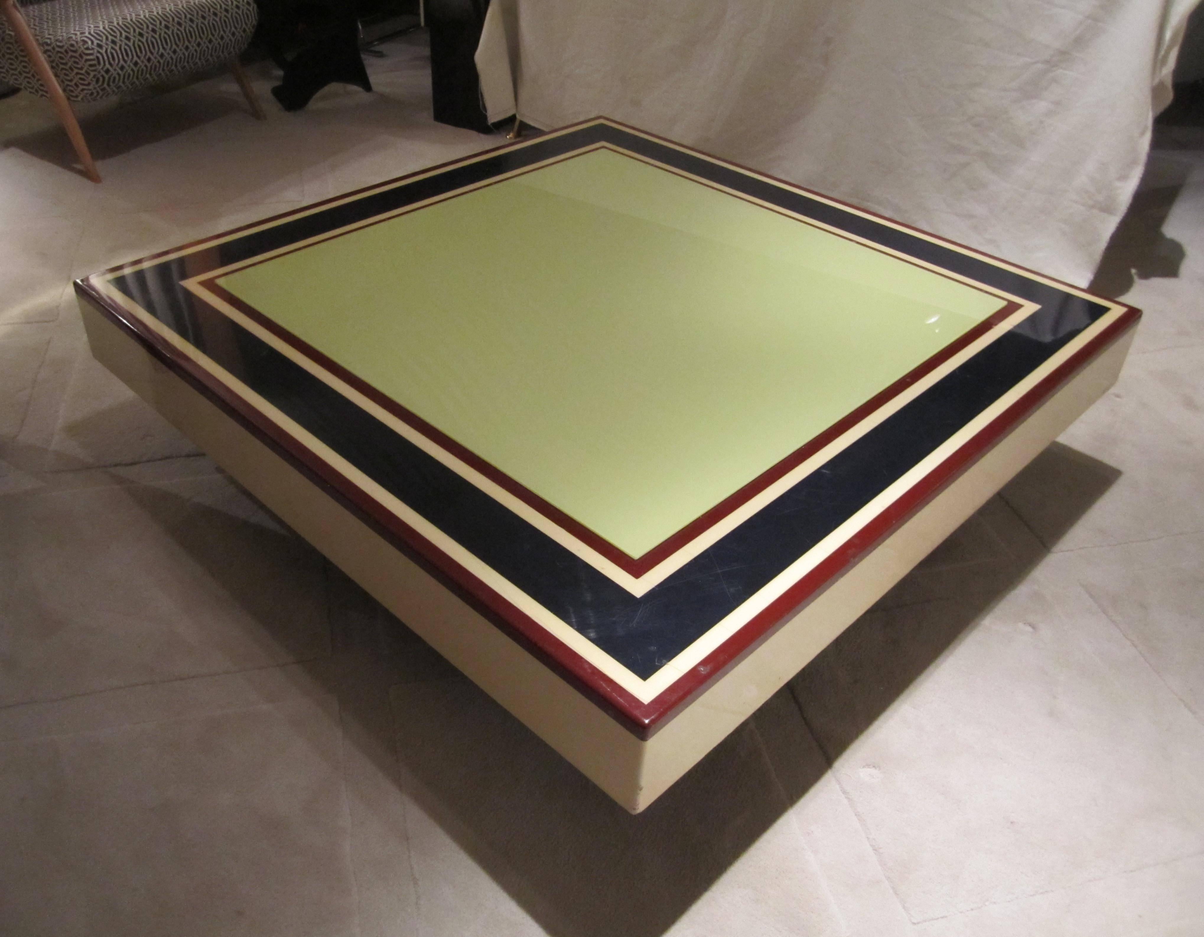 Willy Rizzo for Sabot, Ivory, Blue and Red Lacquer Coffee Table, Italy, 1960 For Sale 5