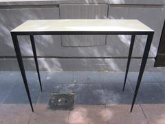 Pair of Parchment and Iron Consoles in the Style of Jean-Michel Frank