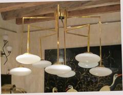 Gilded Brass and Opaline Ceiling Lamp, Italy, 1970