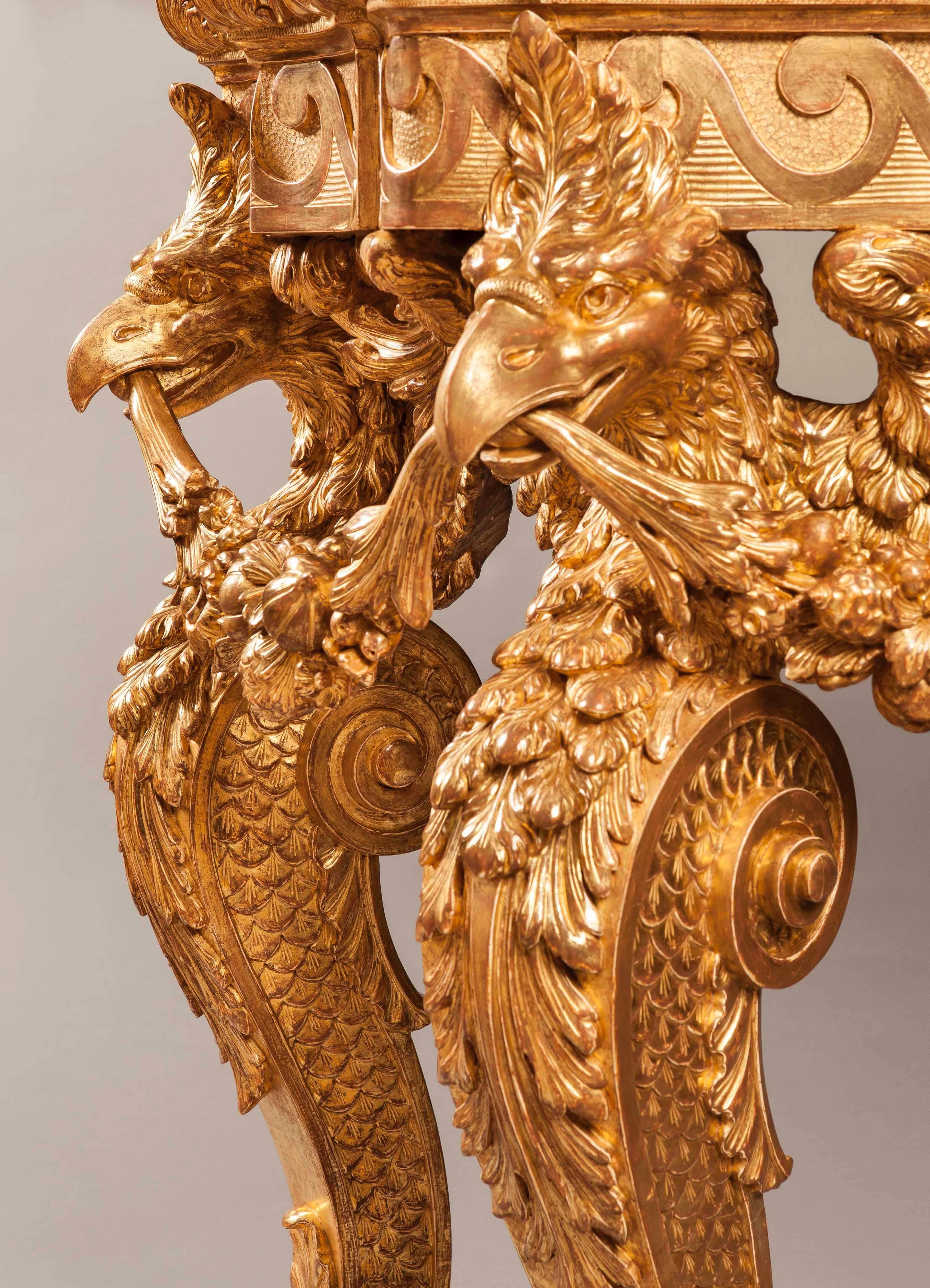 Georgian Pair of Giltwood and Marble Console Tables in the Manner of William Kent