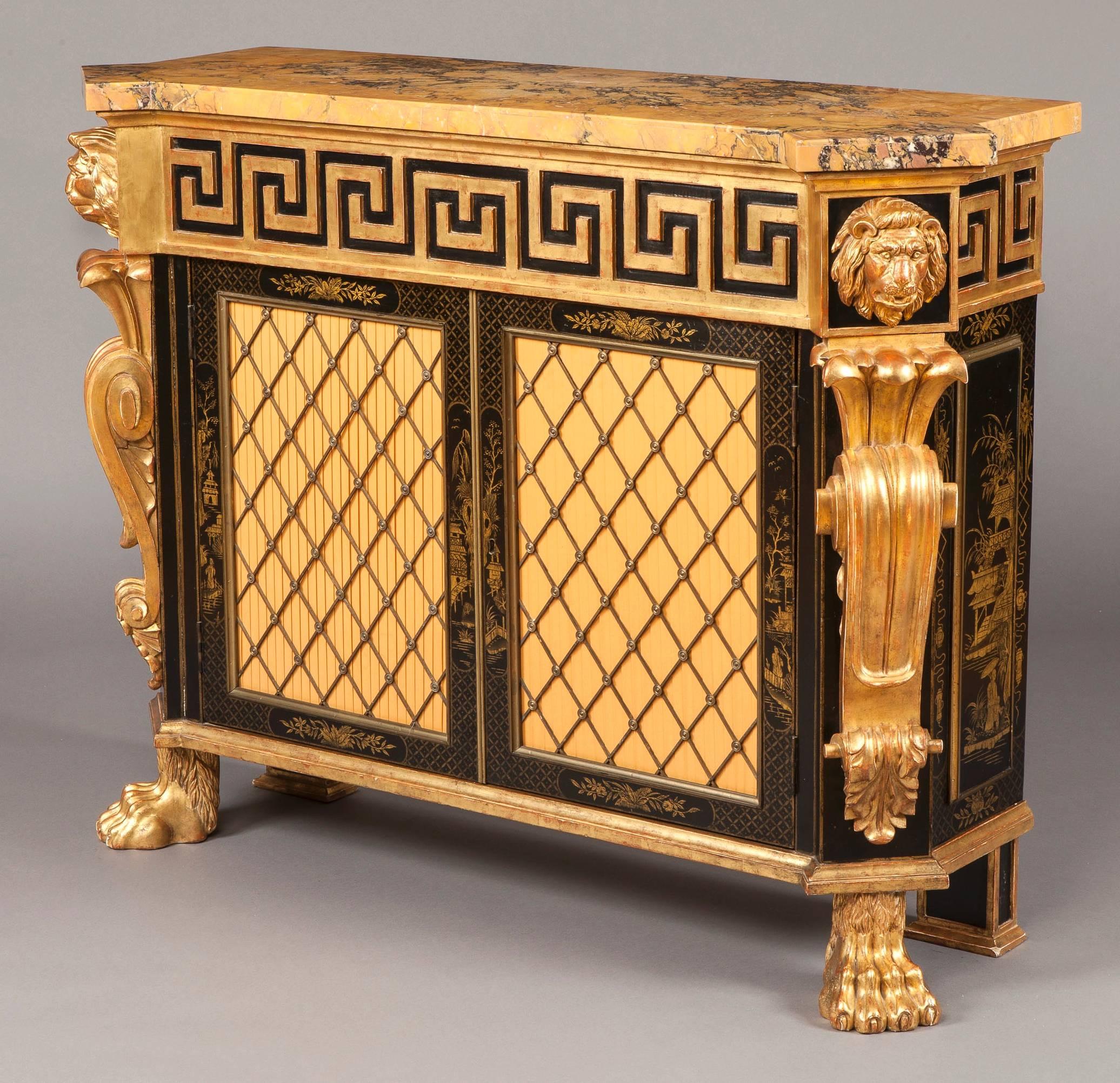Rising from, to the front, gilded lions paw feet, to the rear fielded panel block legs, the cabinets, having a ground decoration in the stylized Chinoiserie manner, with figures in landscapes and court scenes; the cabinet doors with brass trellis