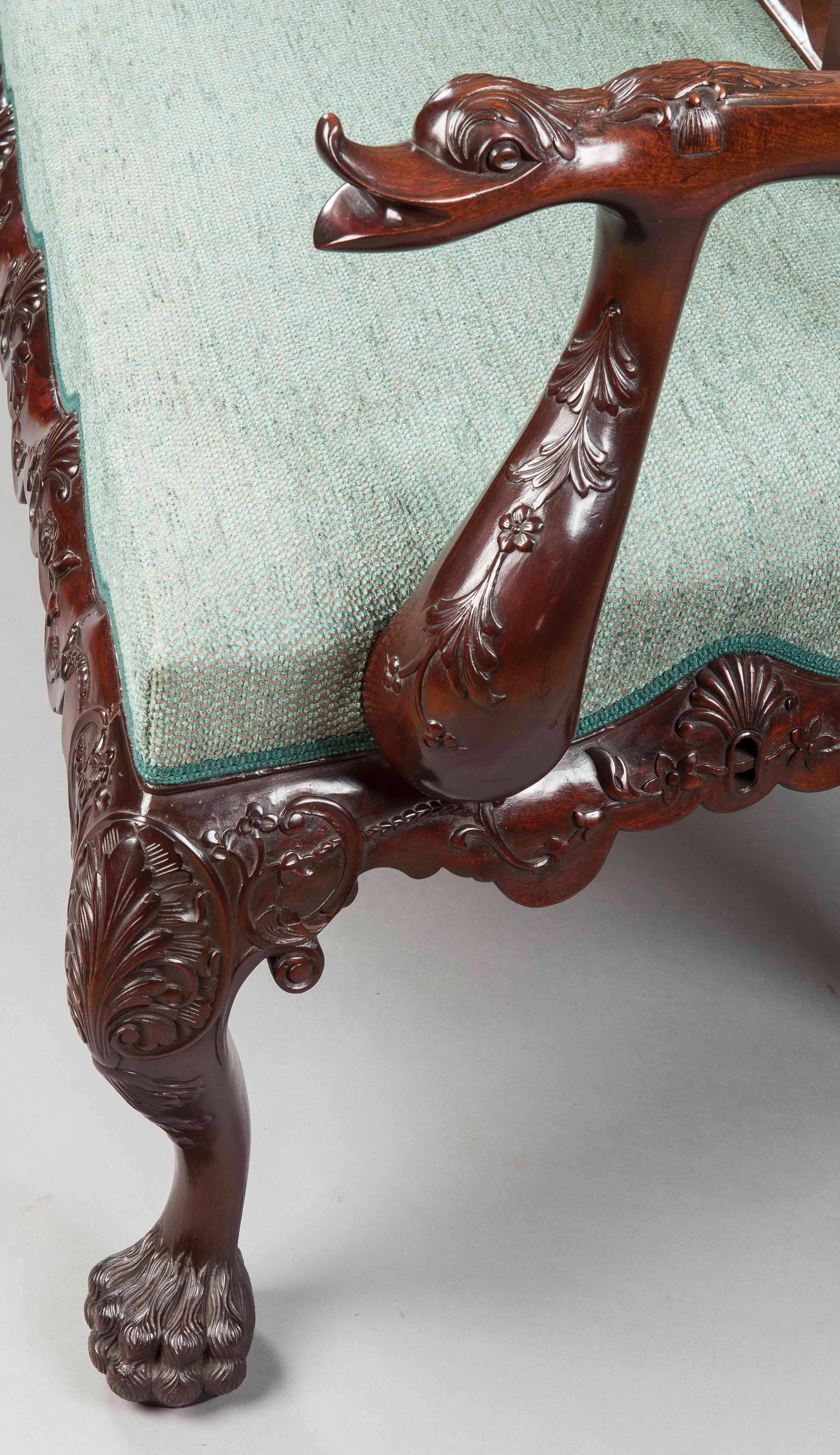 English Pair of Antique Carved Mahogany Settee's in the Chippendale Manner For Sale