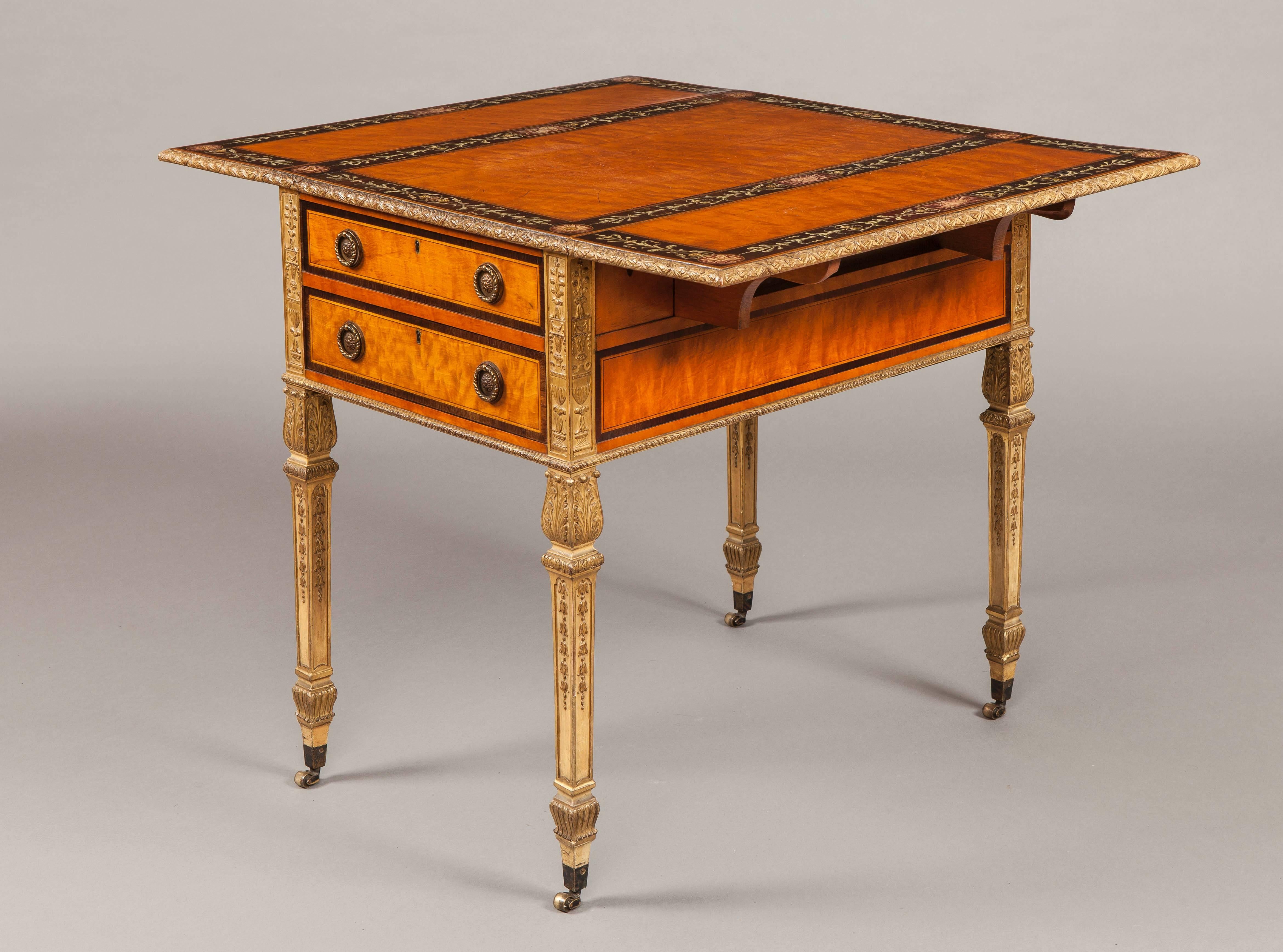 English Satinwood and Painted Neoclassical Style Drop-Leaf Pembroke Table In Excellent Condition In London, GB
