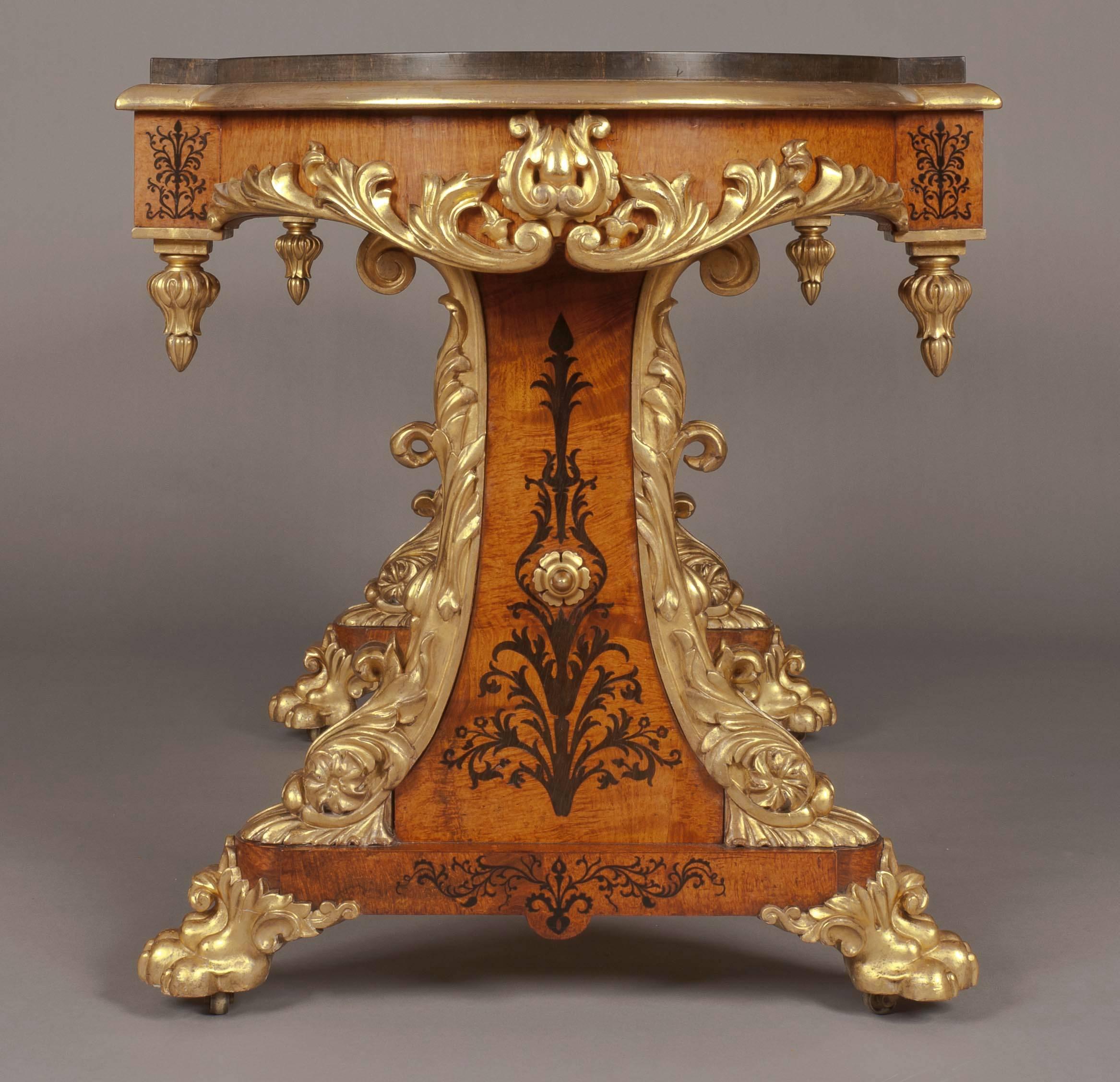 English Rare George IV Period Amboyna Inlaid and Carved Giltwood Centre Table  For Sale