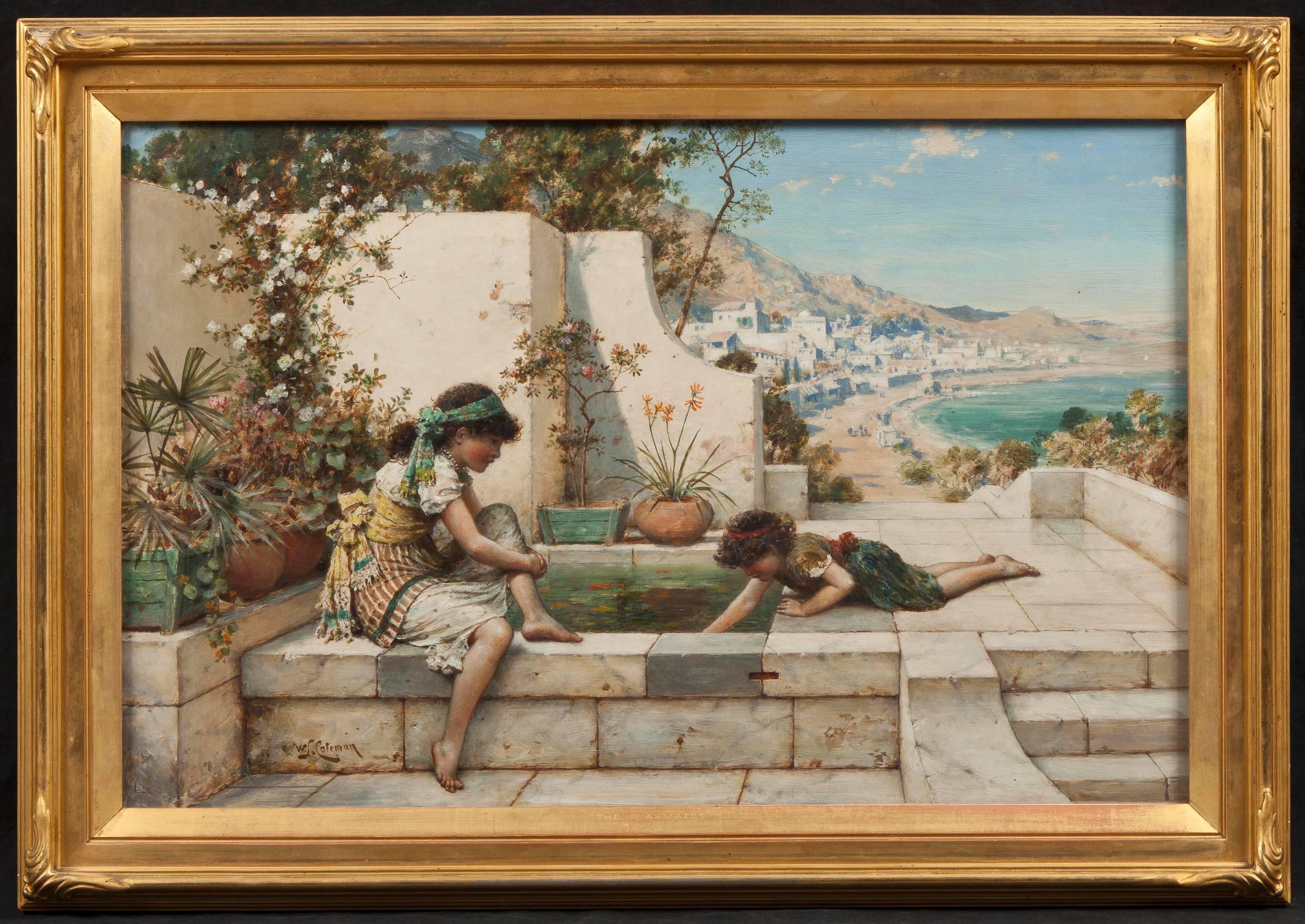 ‘Summer Reflections’ Painting by William Stephen Coleman 

Depicts two young girls sitting and playing in the water of a lily pond in a garden at a villa, against a landscape background of a coastal city. Possibly located on the Mediterranean