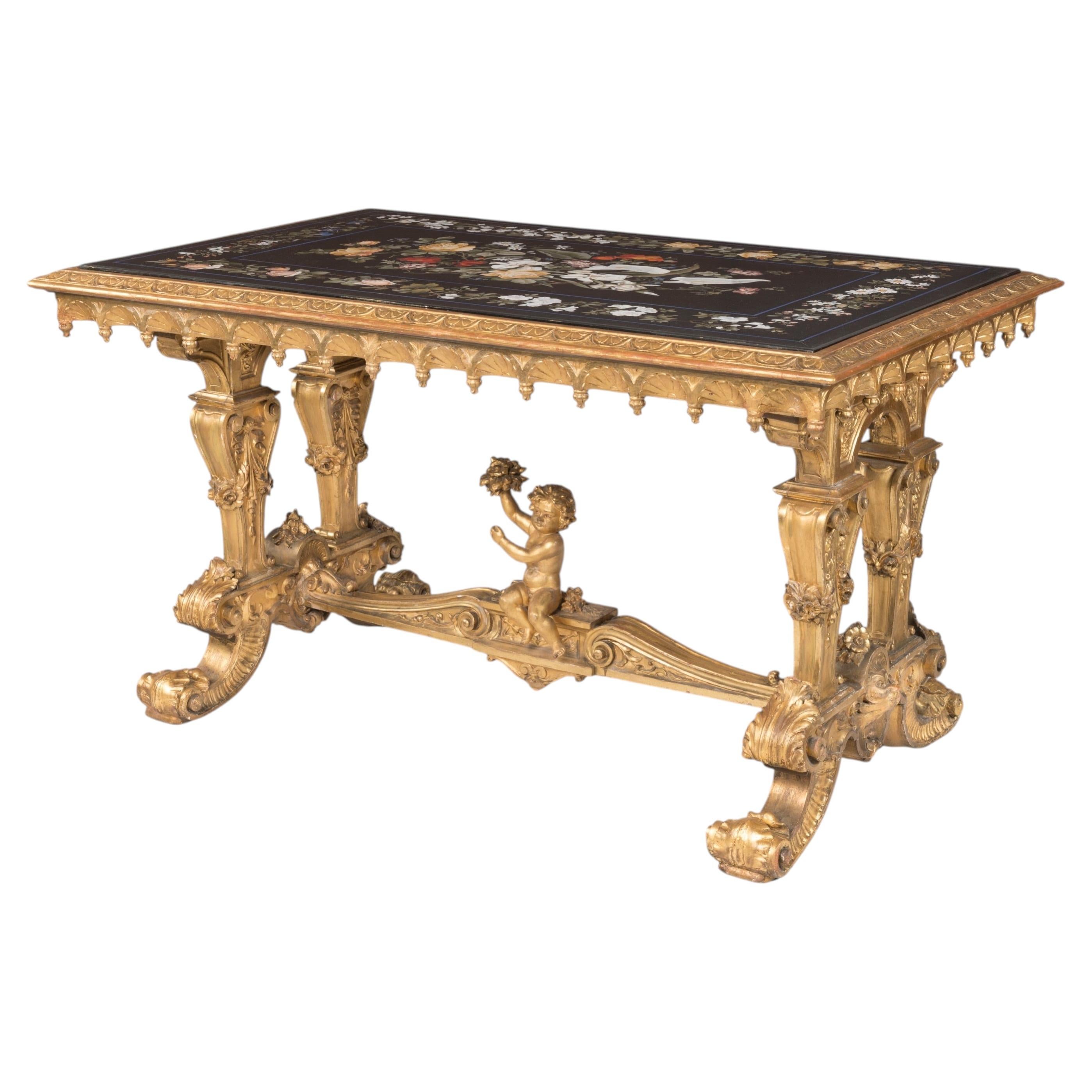 Pietra Dura Table on Giltwood Base Attributed to Gaetano Bianchini, 19th Century