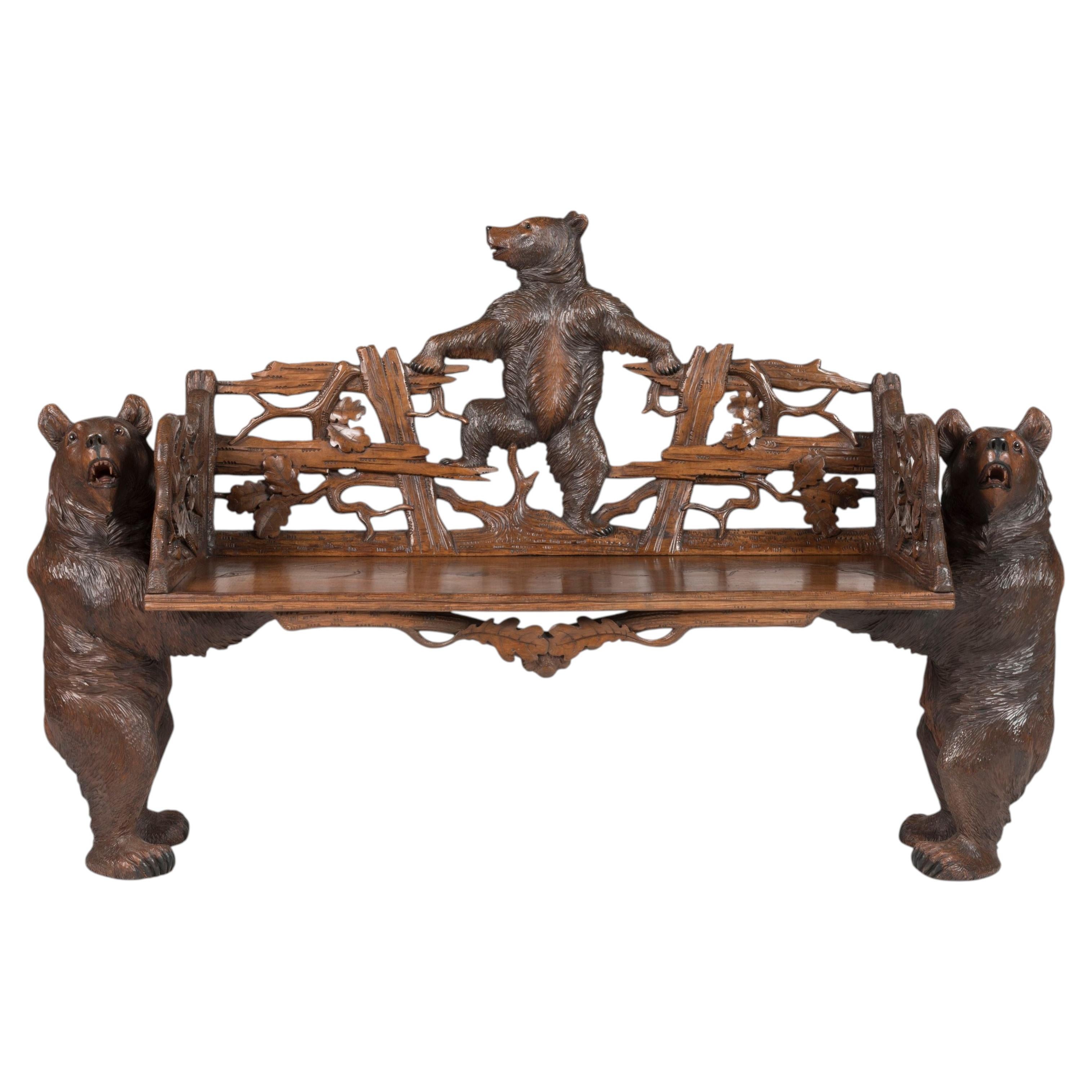Swiss Black Forest Carved Bear Bench, Brienz, Circa 1890 For Sale
