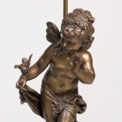 A Pair of Patinated Bronze Figural Table Lamps of Cherubs