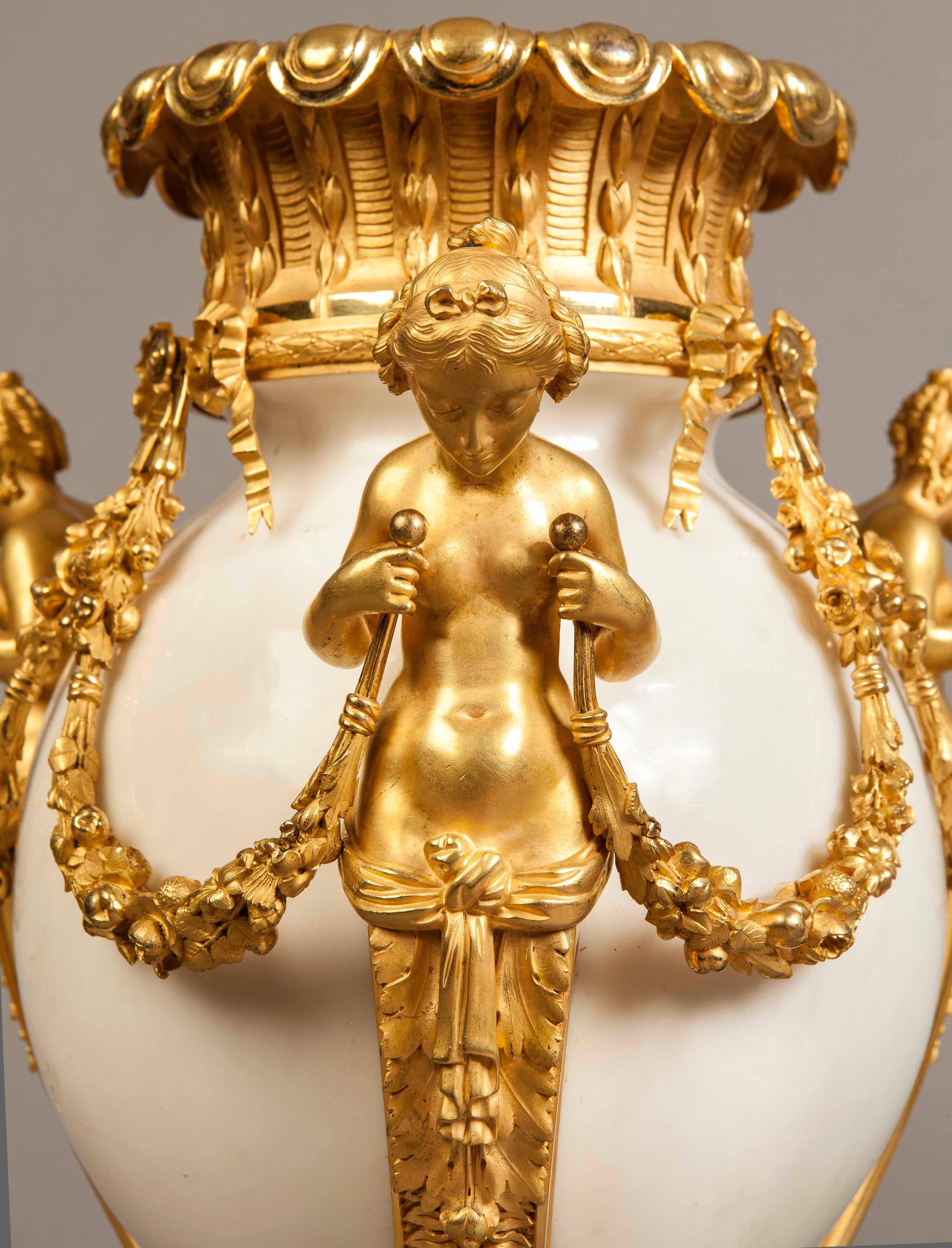 Louis XVI Pair of French Large Ormolu and White Marble Urns, 19th Century
