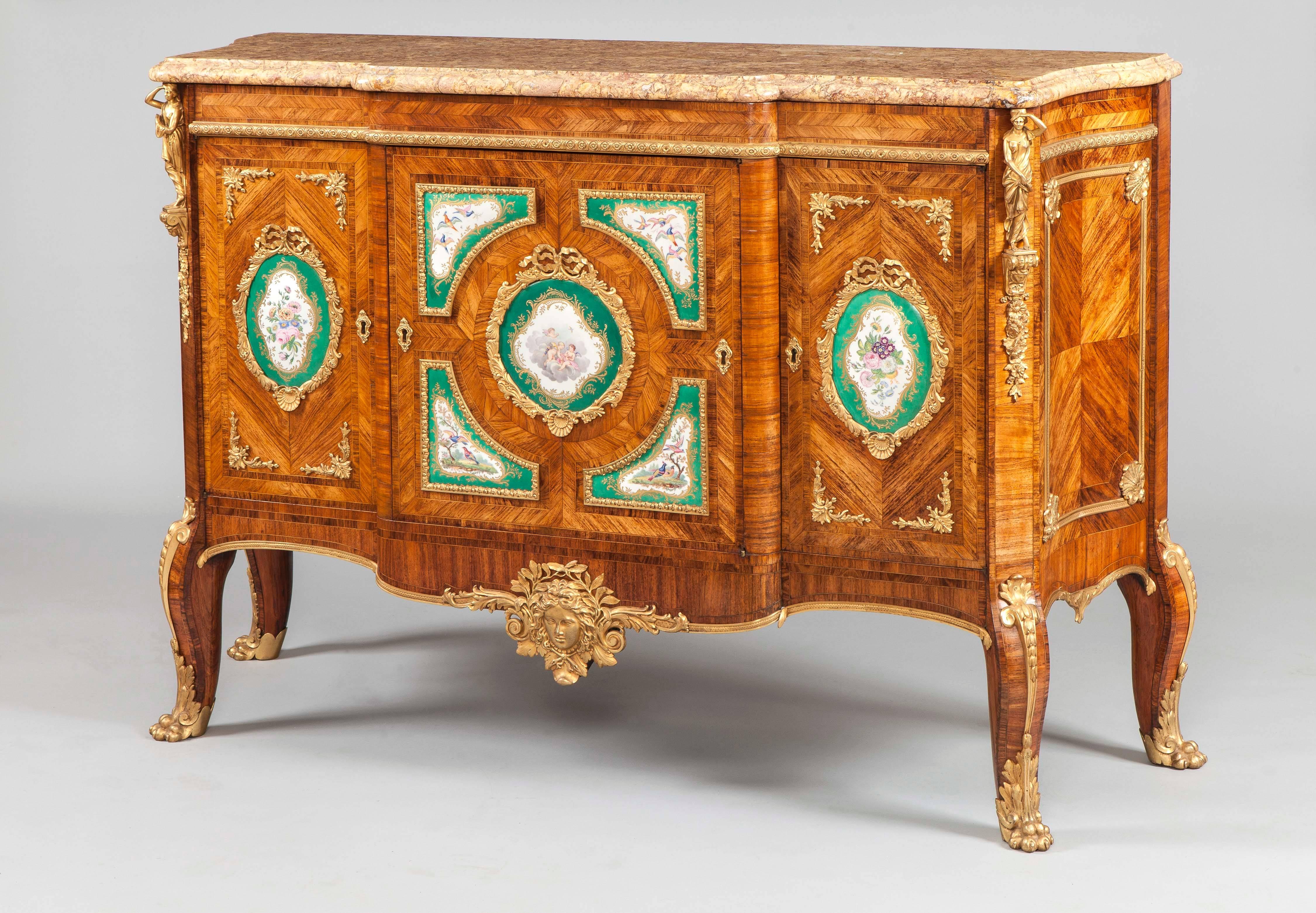 French Provincial Pair of 19th Century Commodes of Kingwood, Green Porcelain Plaques and Marble