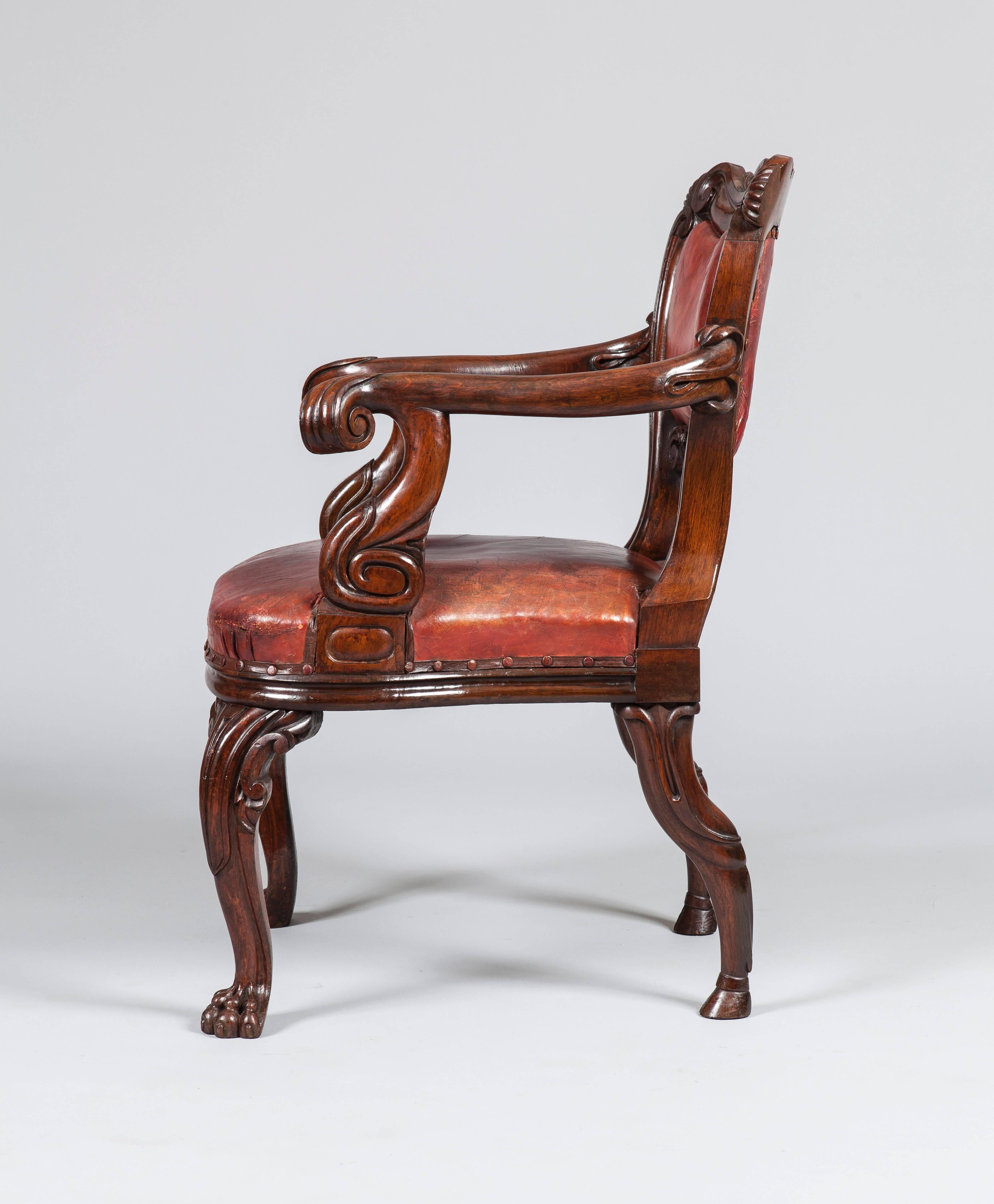 William IV Irish 19th Century Carved Oak and Red Leather Armchair