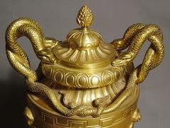 Pair of French Gilt Bronze Urns with Classical Italian Scenes