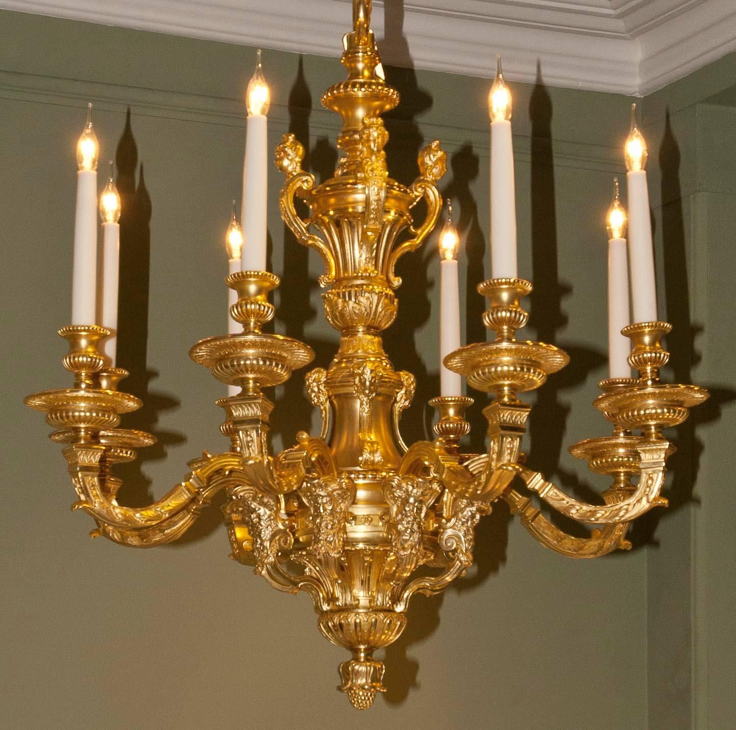 A superb ormolu eight-light chandelier.
After a Design by André-Charles Boulle

Emanating from a central column, the uppermost part has a gadrooned collar dressed with four female caryatids interspersed with anthemion sprays; below four rams